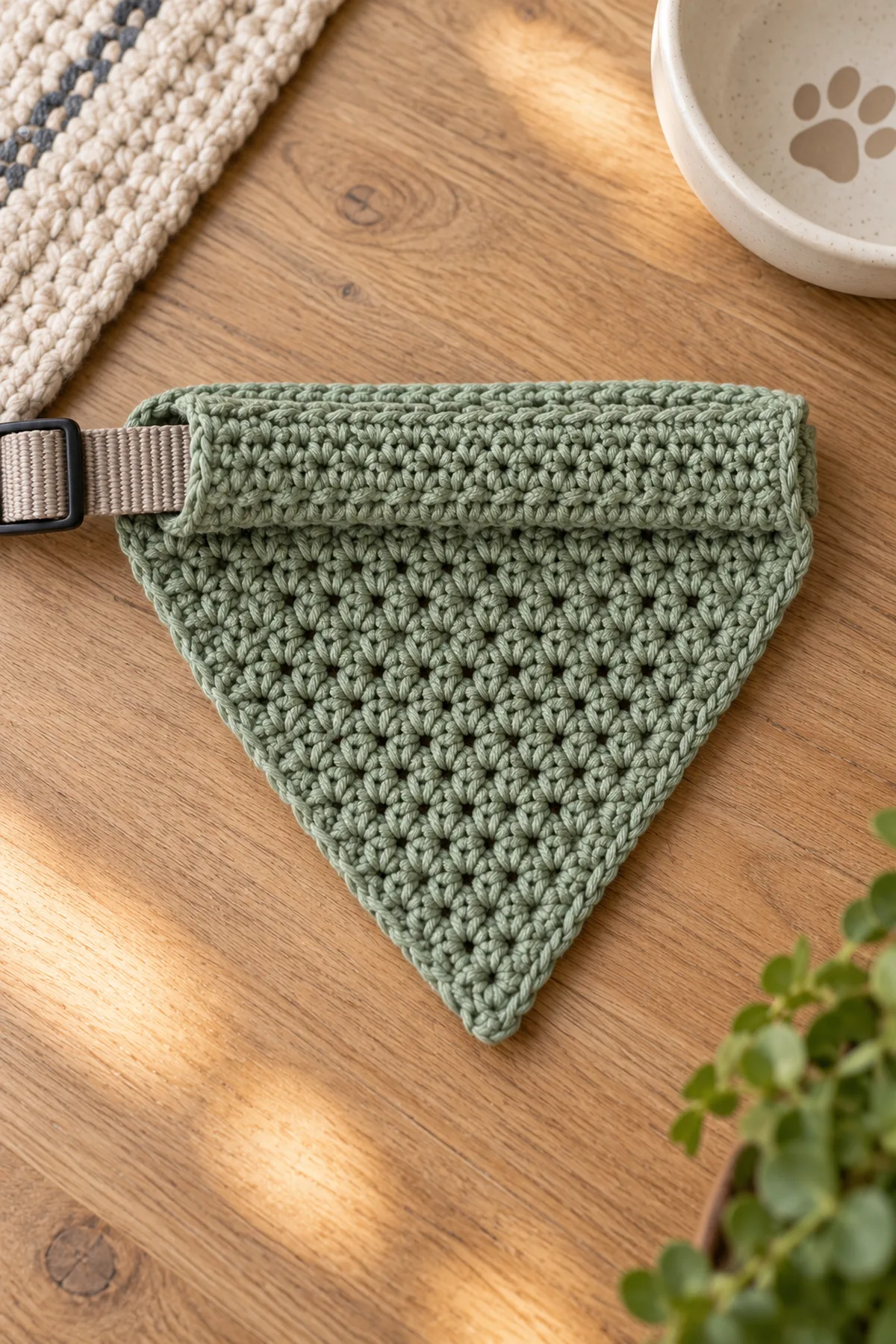 Finished triangular sage crochet dog bandana with original top edge folded back to form a one-inch tunnel, showing open collar entry at side