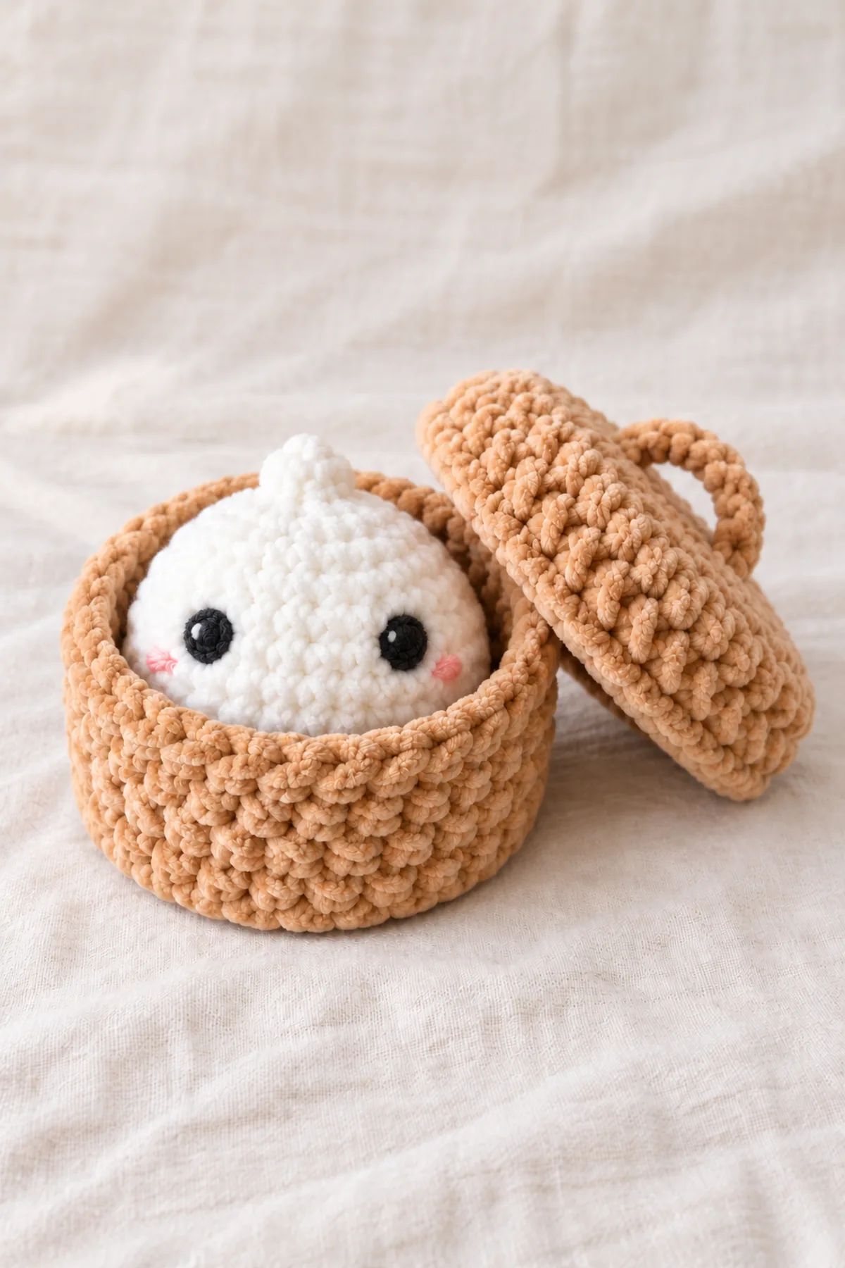 Close-up same tan steamer-style crochet basket with lifted separate lid showing shallow overlapping outside lip and tiny reinforced central tan arch handle, white smiling-eyed dumpling with tiny crown inside open basket; no plastic inserts.