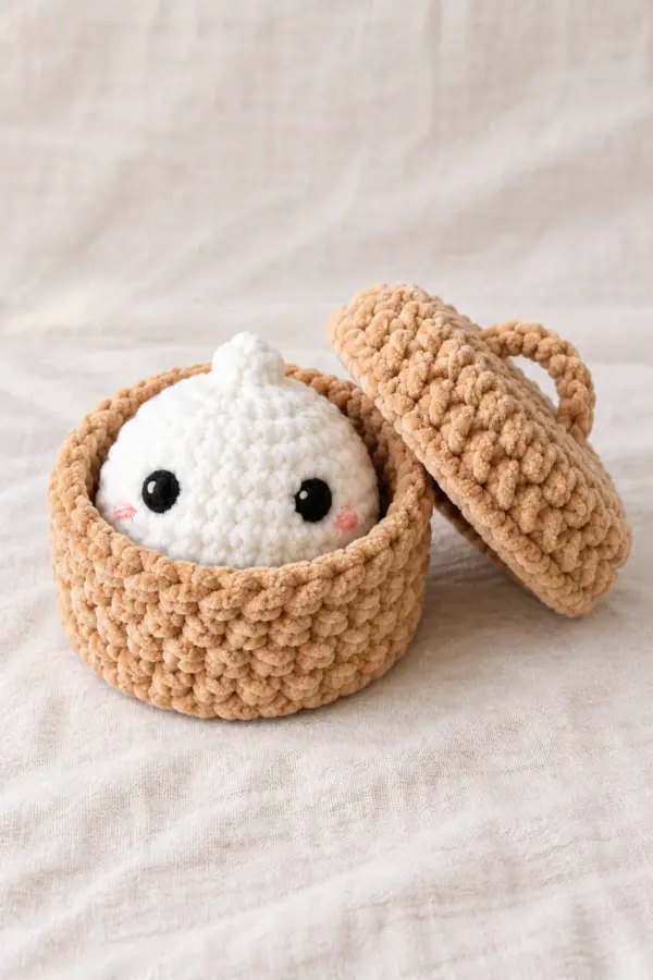 White plump dumpling plush with a small gathered-looking crochet crown, black embroidered eyes and subtle pink cheeks, fitting loosely inside a tan round crochet steamer-style basket. Independent tan removable overlapping fitted lid with a short central crocheted arch handle. Basket, lid and dumpling all have complete instructions; decorative fiber objects, no food-contact claim. Finished object only, original product photograph composition, no source text or logo.