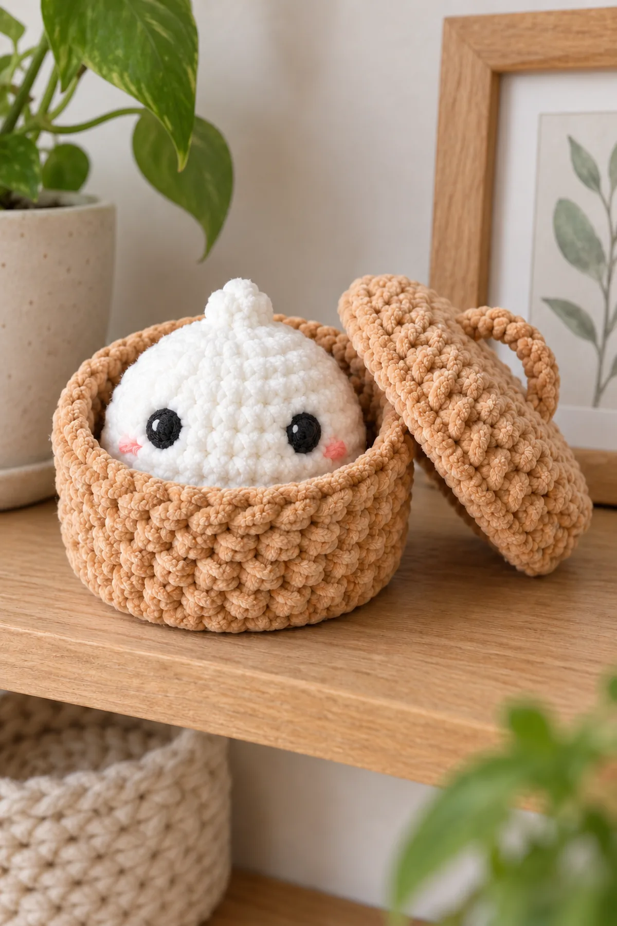 White plump dumpling plush with a small gathered-looking crochet crown, black embroidered eyes and subtle pink cheeks, fitting loosely inside a tan round crochet steamer-style basket. Independent tan removable overlapping fitted lid with a short central crocheted arch handle. Basket, lid and dumpling all have complete instructions; decorative fiber objects, no food-contact claim. Same finished design on a quiet home craft shelf, soft daylight, minimal props, no children or infant sleep setting. No text or watermark.