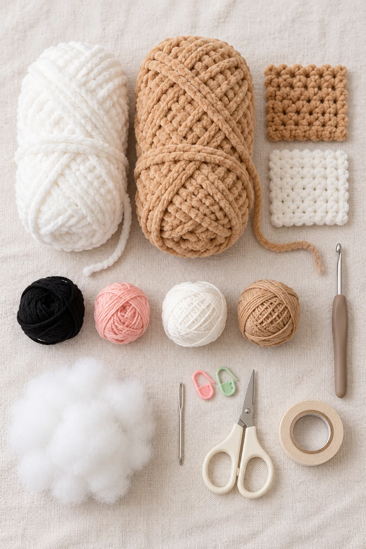 Supplies-only flat lay: Planning allowance: 65 yards white bulky chenille and100 yards tan chenille of identical thickness, plus swatch allowance; 4.5 mm hook; black and blush smooth embroidery yarn; matching white and tan smooth sewing yarn; washable fiberfill for dumpling only; Blunt needle, markers, scissors, tape; no wire, glue, plastic eyes or stiff plastic inserts. No completed project; tools and yarn arranged on pale linen.