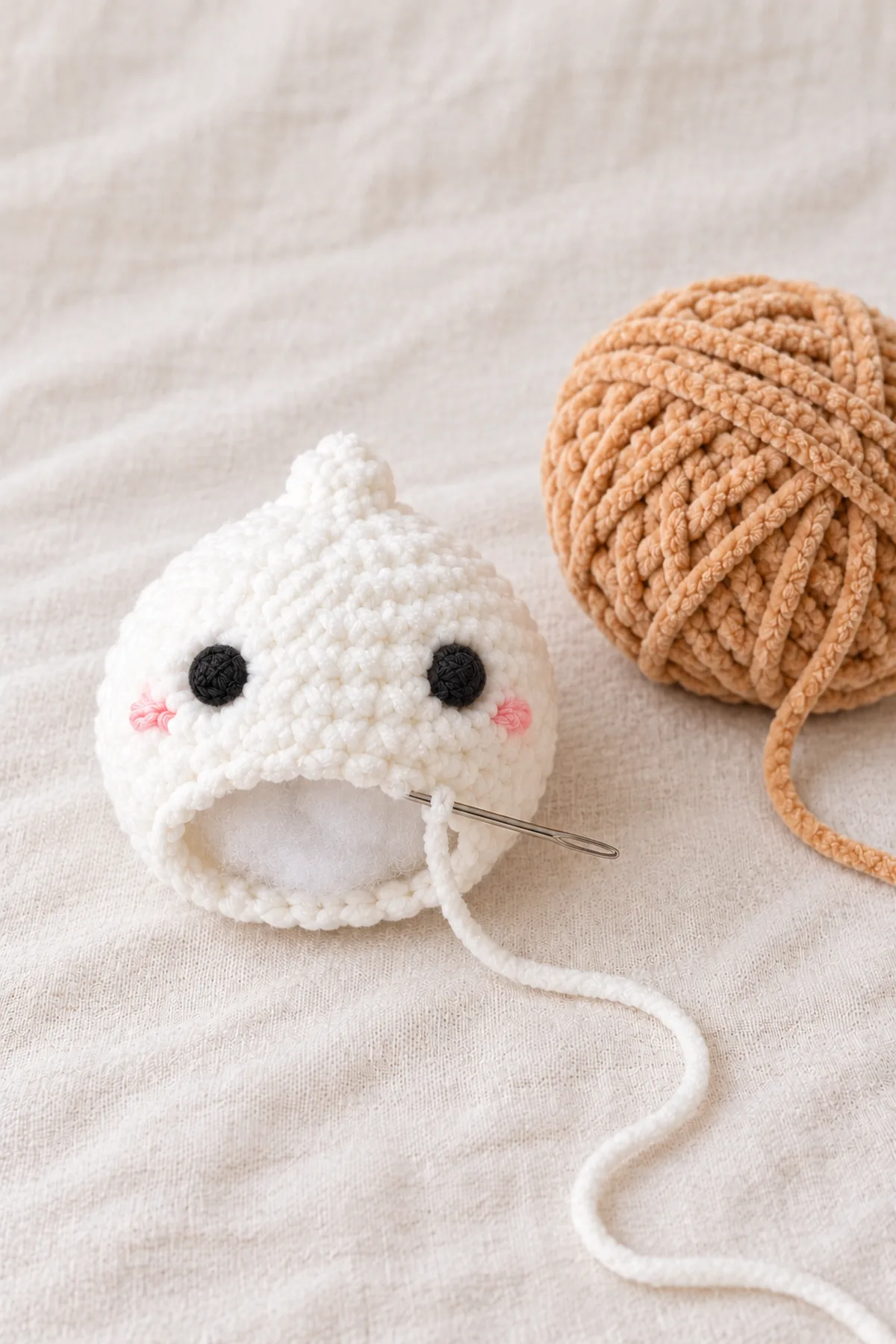 White dumpling crochet body with small pointed crown and embroidered black eyes, bottom opening and visible stuffing while being closed; tan yarn ball beside it, no basket or lid yet.