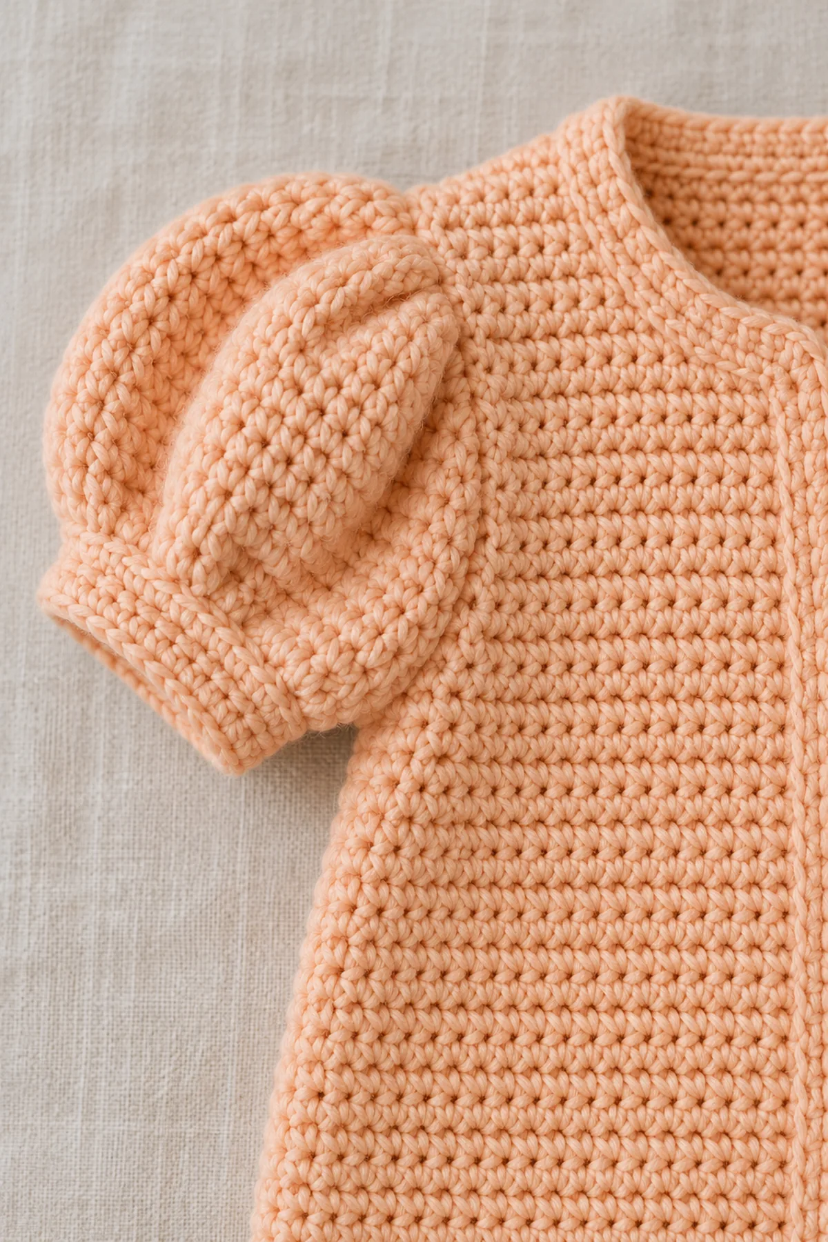 Close view of solid apricot sc short puff sleeve crown showing controlled fabric fullness and smooth armhole seam, no loose shell fans