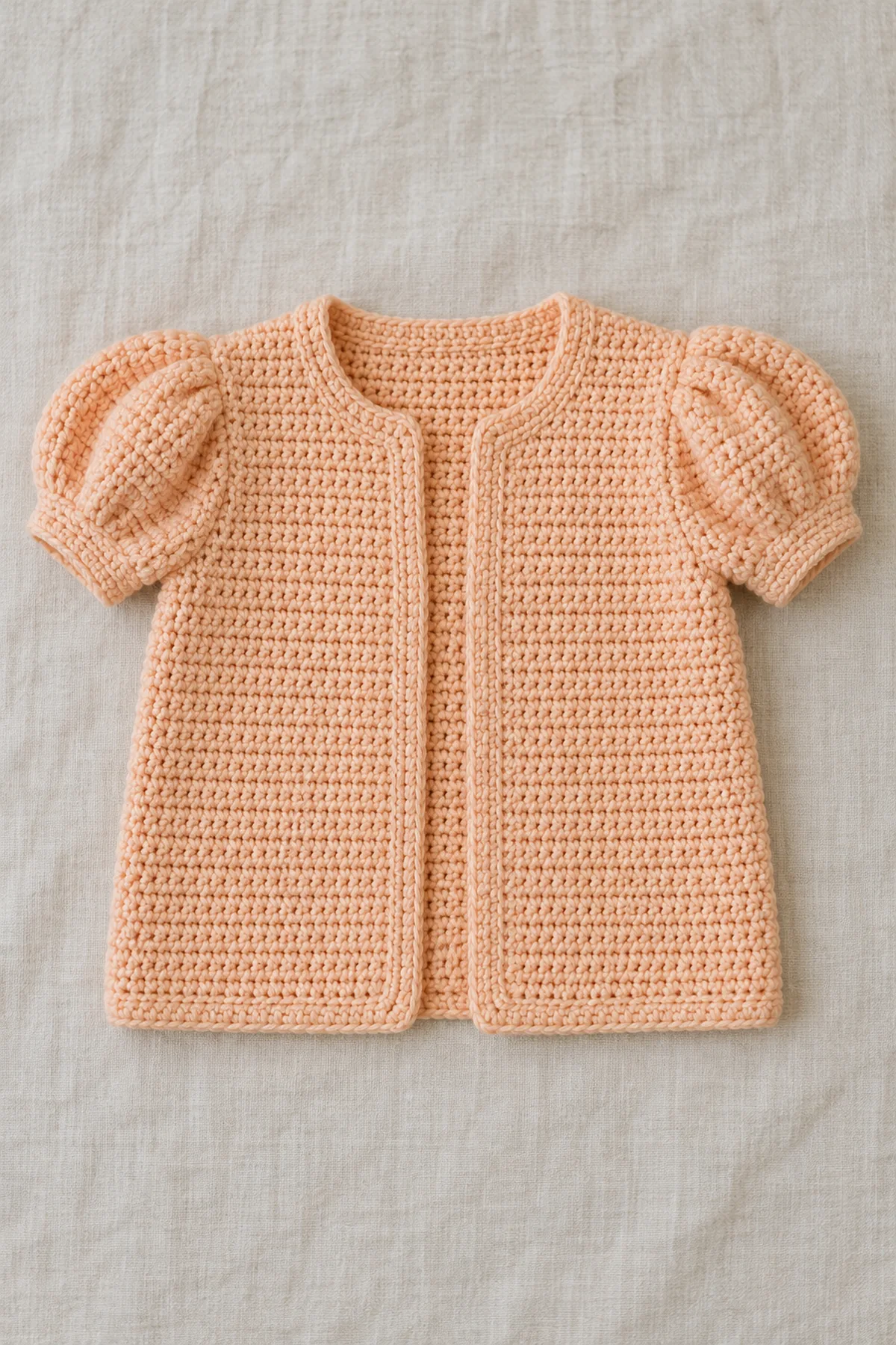 Soft apricot plain single crochet open baby cardigan with two softly rounded short puff sleeves, gathered-looking structural fan caps, straight hem and no fasteners