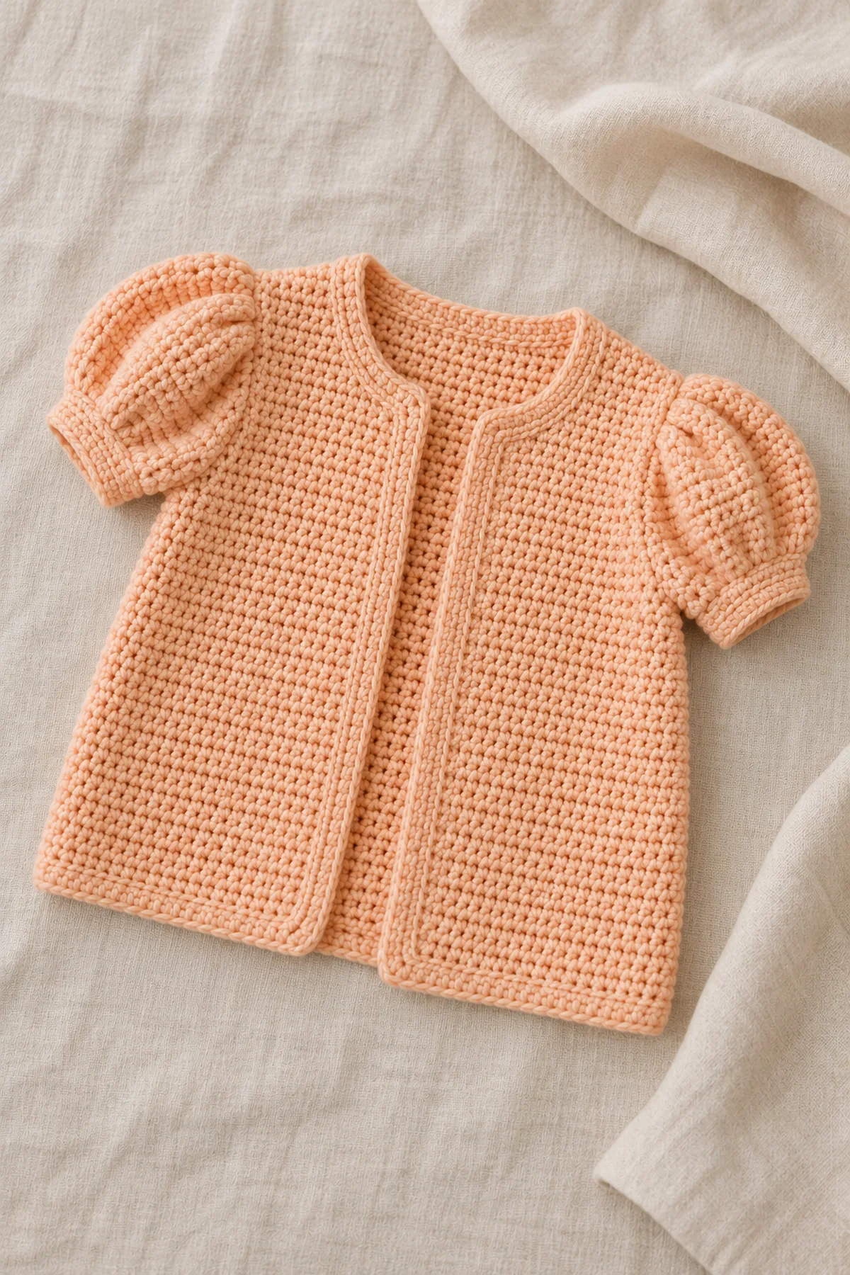 Finished soft apricot short puff-sleeve baby cardigan arranged flat on cream linen, plain open body and softly rounded caps, no child