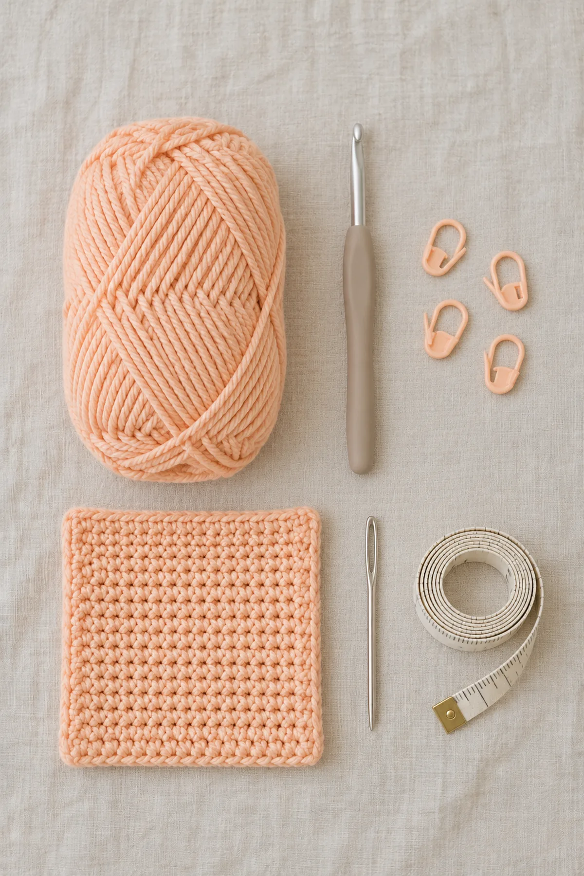 Soft apricot DK yarn, crochet hook, plain sc swatch, small markers and measuring tape