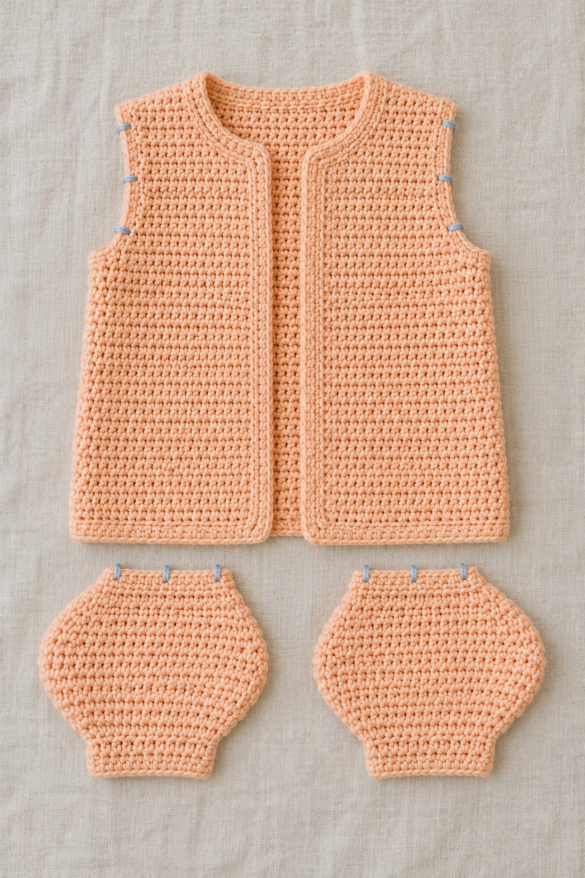 Soft apricot cardigan body beside two flat short fan-shaped sleeves, narrow cuff, expanded rounded middle and contracted top before attachment