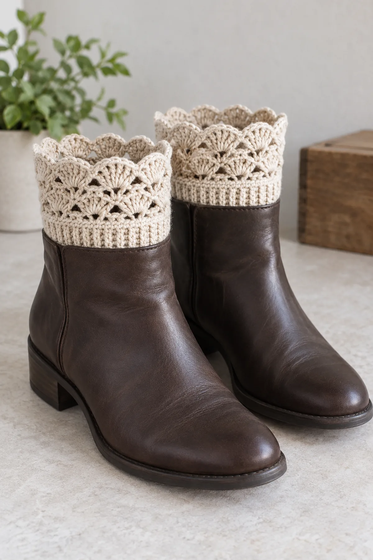 Matching pair of adult oat DK cotton-blend crochet boot cuffs on plain dark boots with no wearer, narrow ribbed lower bands just inside boot tops, three airy rounds of fan lace above each boot rim with small scalloped upper edge, no bows buttons ties or socks; clean neutral studio daylight.