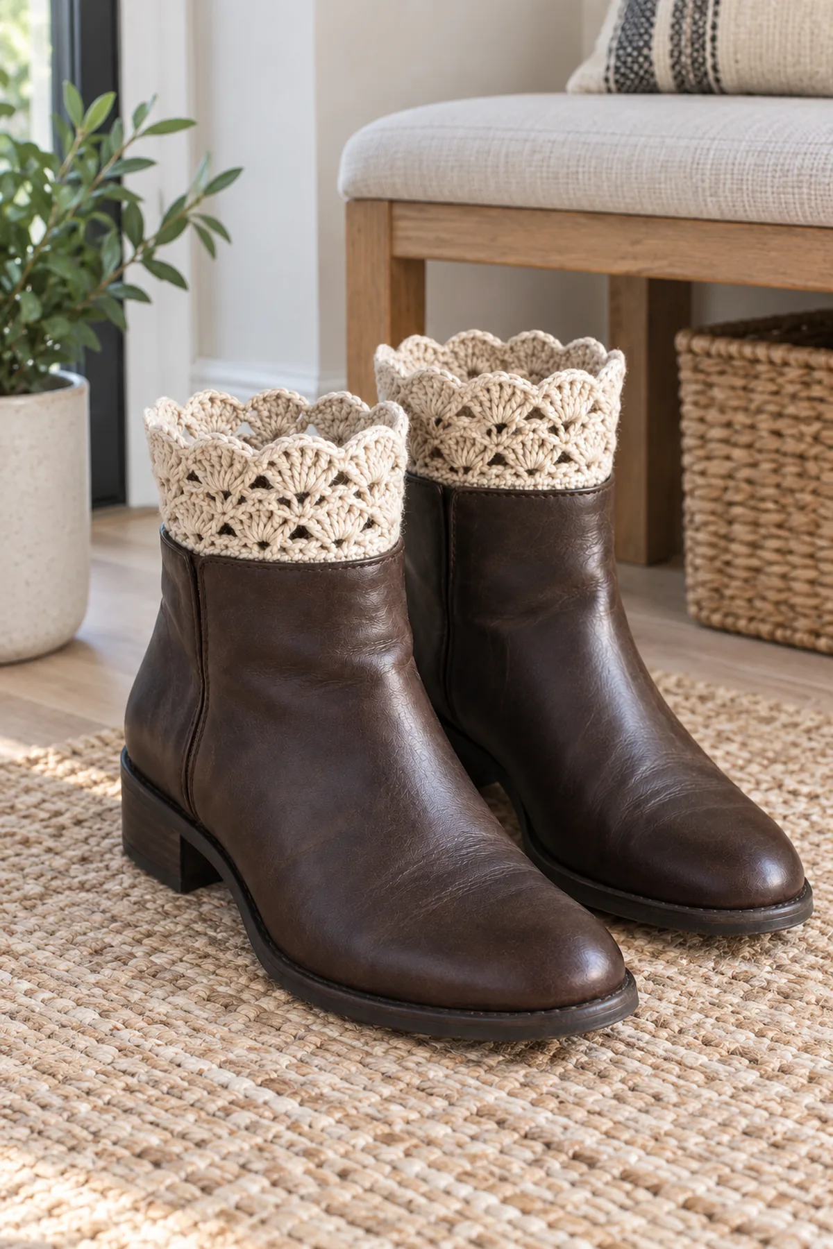 Matching oat crochet fan-lace boot cuffs showing above a pair of simple dark adult boots standing empty beside a neutral entry bench, ribbed bands tucked inside boot rims and open fan lace visible, daylight, no person and no autumn leaf clutter.