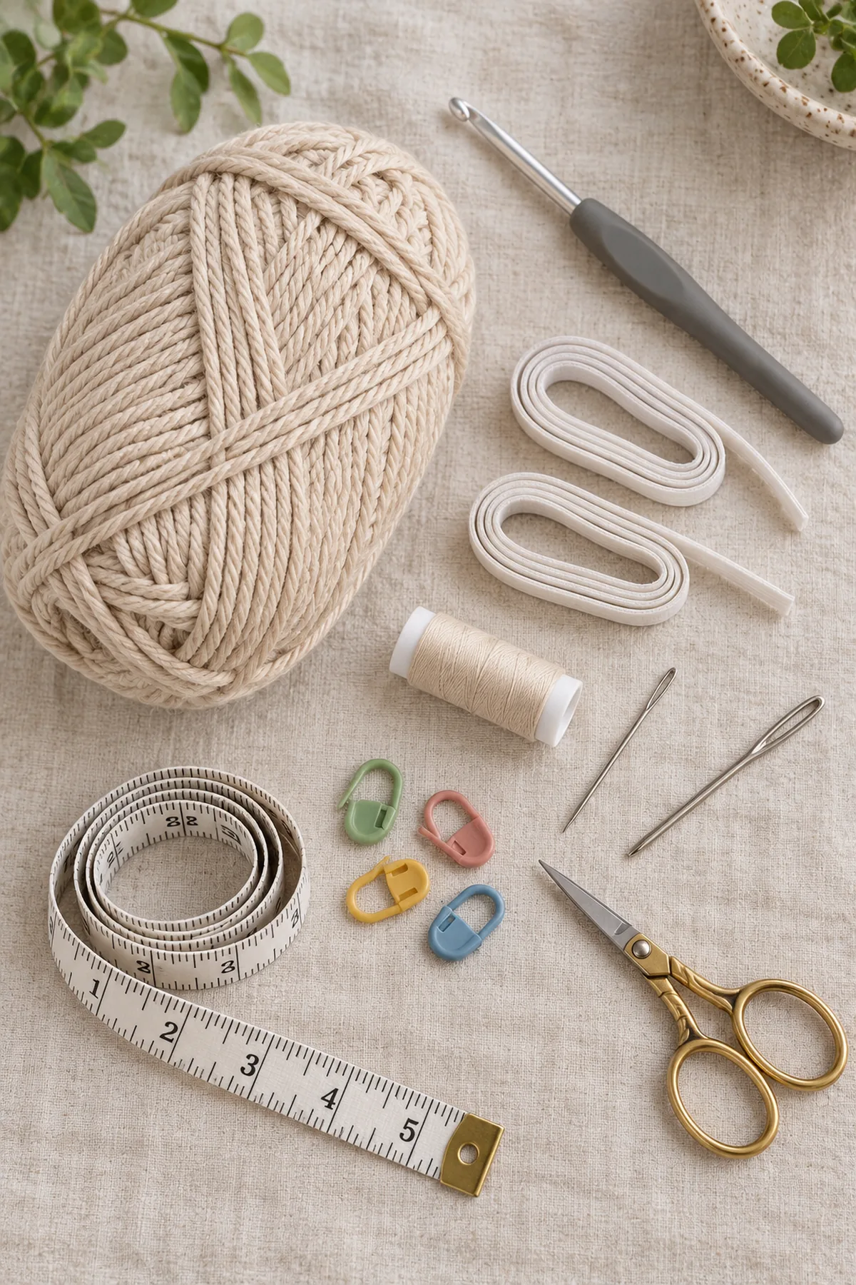 Oat DK cotton-blend yarn, 4 mm hook, two short narrow elastic lengths, sewing thread and needle, blunt yarn needle, tape, markers and scissors on pale linen, no finished cuffs.