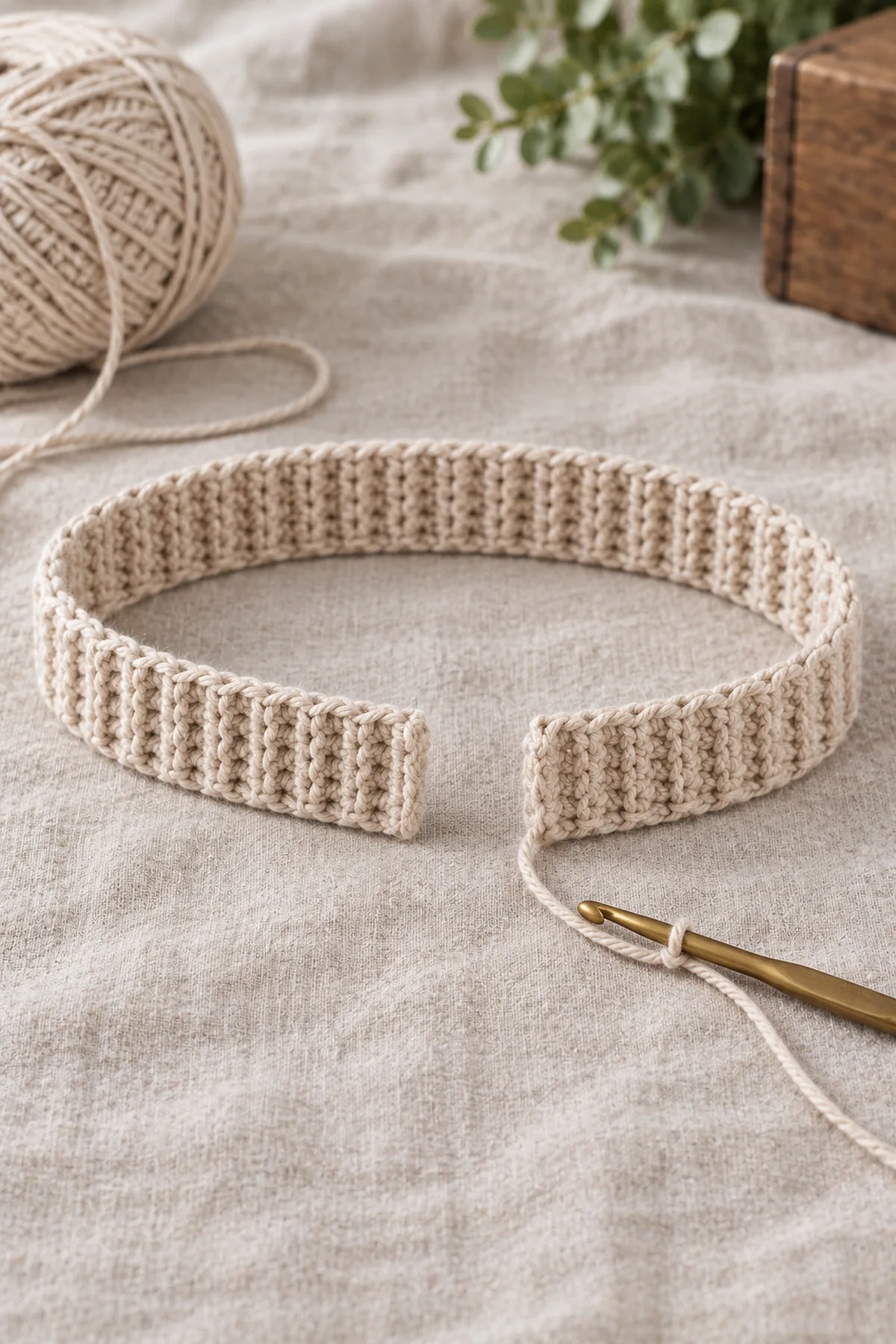 One unfinished narrow oat BLO crochet rib strip nine stitches deep, long enough to circle an adult calf, flat on linen with hook and working yarn; ends unjoined and no lace or elastic yet.