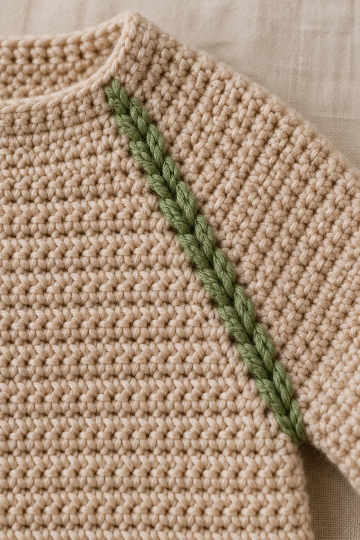 Macro view of low-profile paired green front-post and back-post raglan seam stitches integrated in sand baby cardigan yoke
