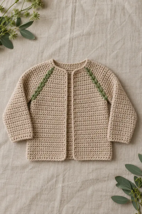 Original sand crochet baby cardigan with four fern-green raised raglan seams, long plain sleeves and open front, styled flat on linen