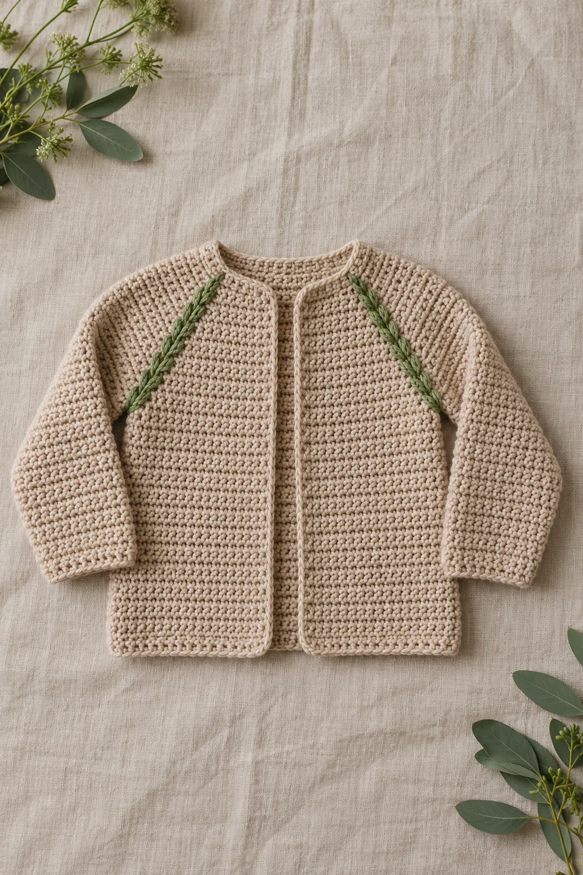 Original sand crochet baby cardigan with four fern-green raised raglan seams, long plain sleeves and open front, styled flat on linen