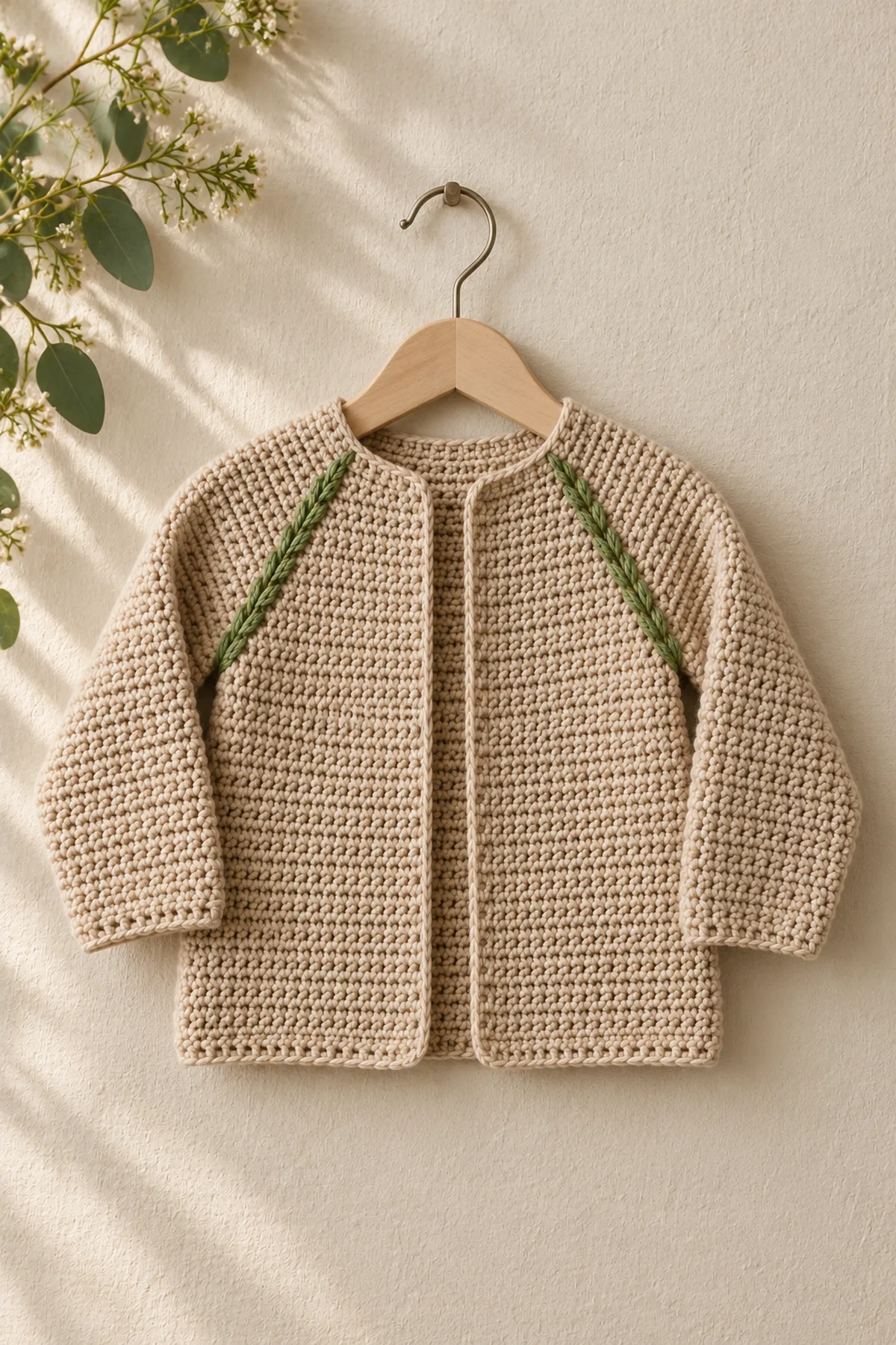 Finished sand and fern Fernline Raglan baby cardigan laid open on a natural linen chair, straight body and both long sleeves visible, no baby