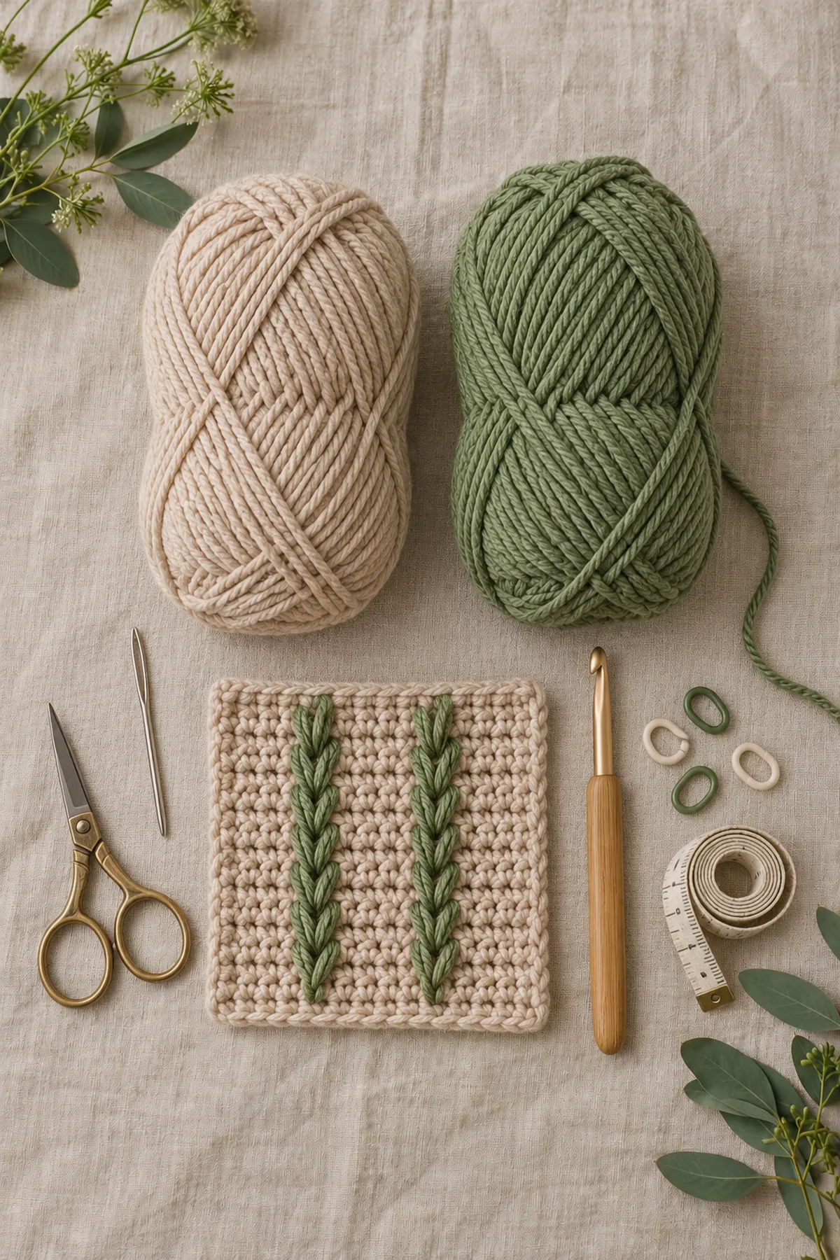 Sand and fern DK yarn, crochet hook, marked fernline seam swatch, tape measure and yarn needle beside a baby cardigan