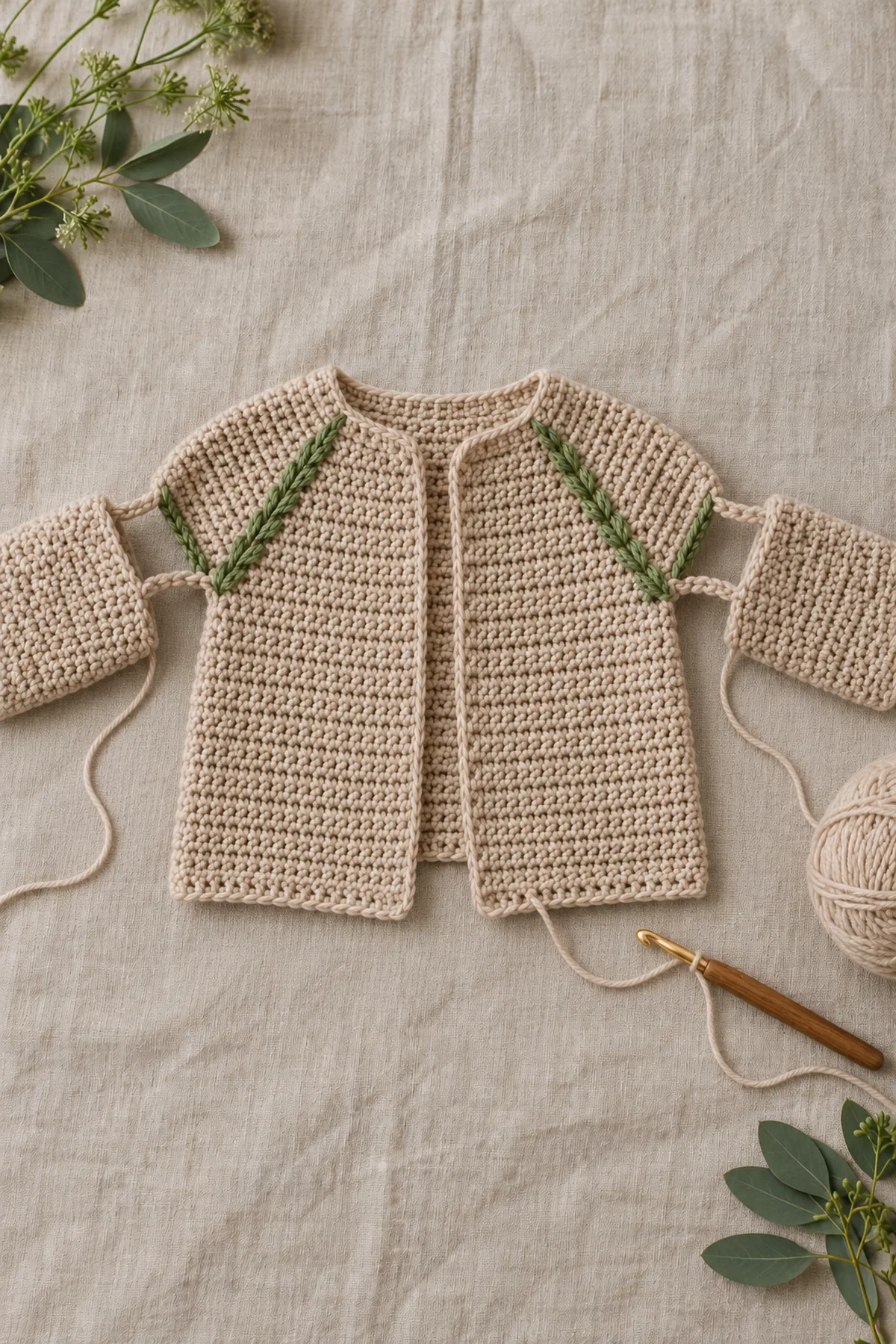 Sand baby cardigan body being worked under two held sleeves, with four-chain underarm bridges and raised fern-green raglan lines visible