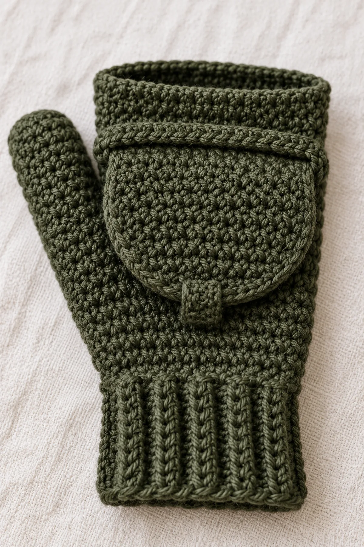 Close macro of olive crochet flip-top mitten back showing the sewn half-rim hinge and small reinforced crocheted parking bridge holding just the folded cap tip, visible realistic hdc and cuff ribs