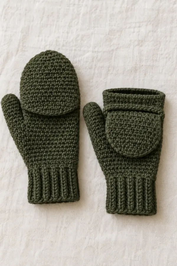 A matching pair of original adult deep-olive crochet flip-top mittens with ribbed cuffs, shaped closed thumbs and rounded hinged finger caps, one cap closed and the other folded back under a small crocheted parking bridge to expose the fingerless opening, no buttons