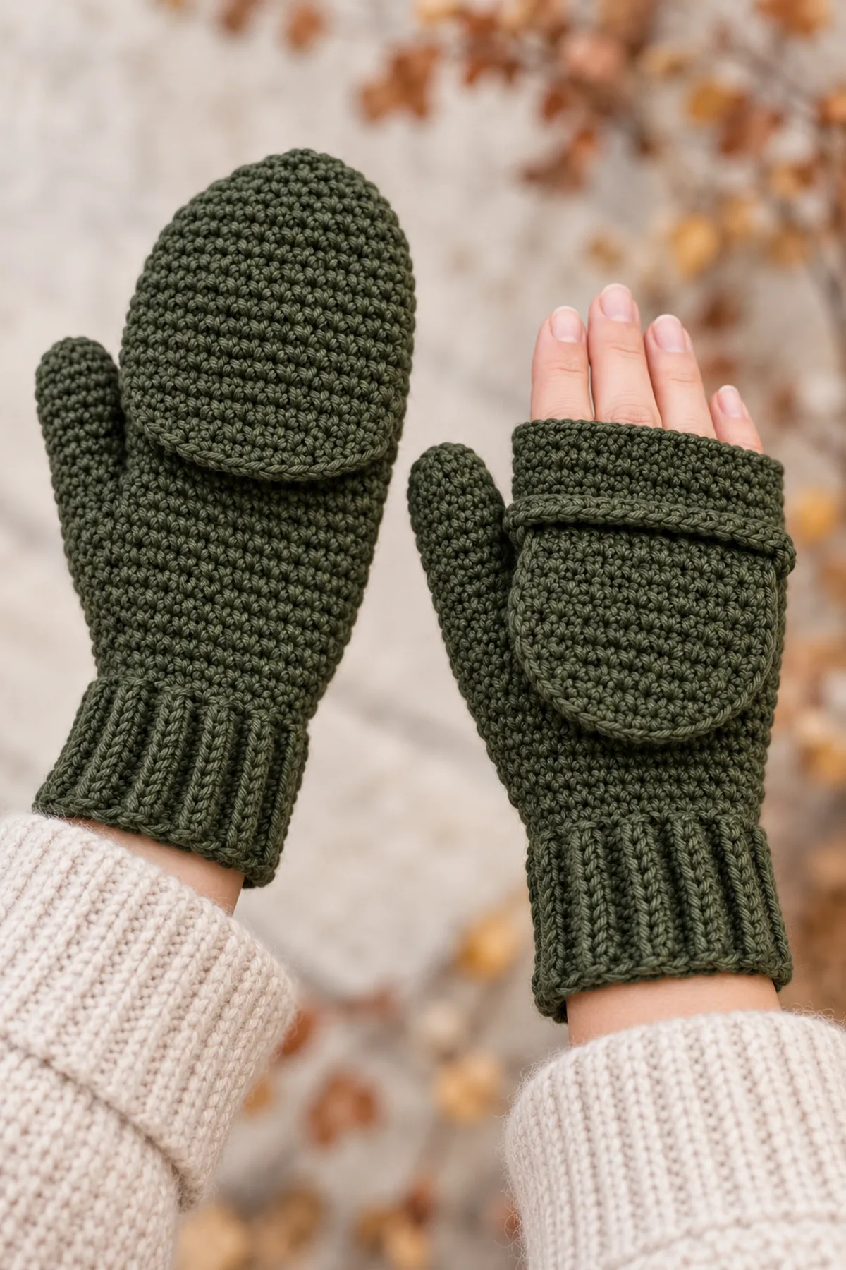 Adult hands wearing matching deep-olive crochet convertible mittens outdoors in cool autumn light, one rounded cap closed and one folded back to expose fingertips, comfortable closed thumbs and ribbed cuffs