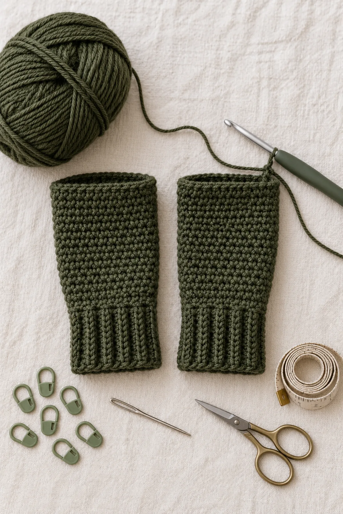 Deep-olive smooth worsted wool yarn, 4 mm crochet hook, eight locking stitch markers, blunt yarn needle, scissors and tape measure on cream linen