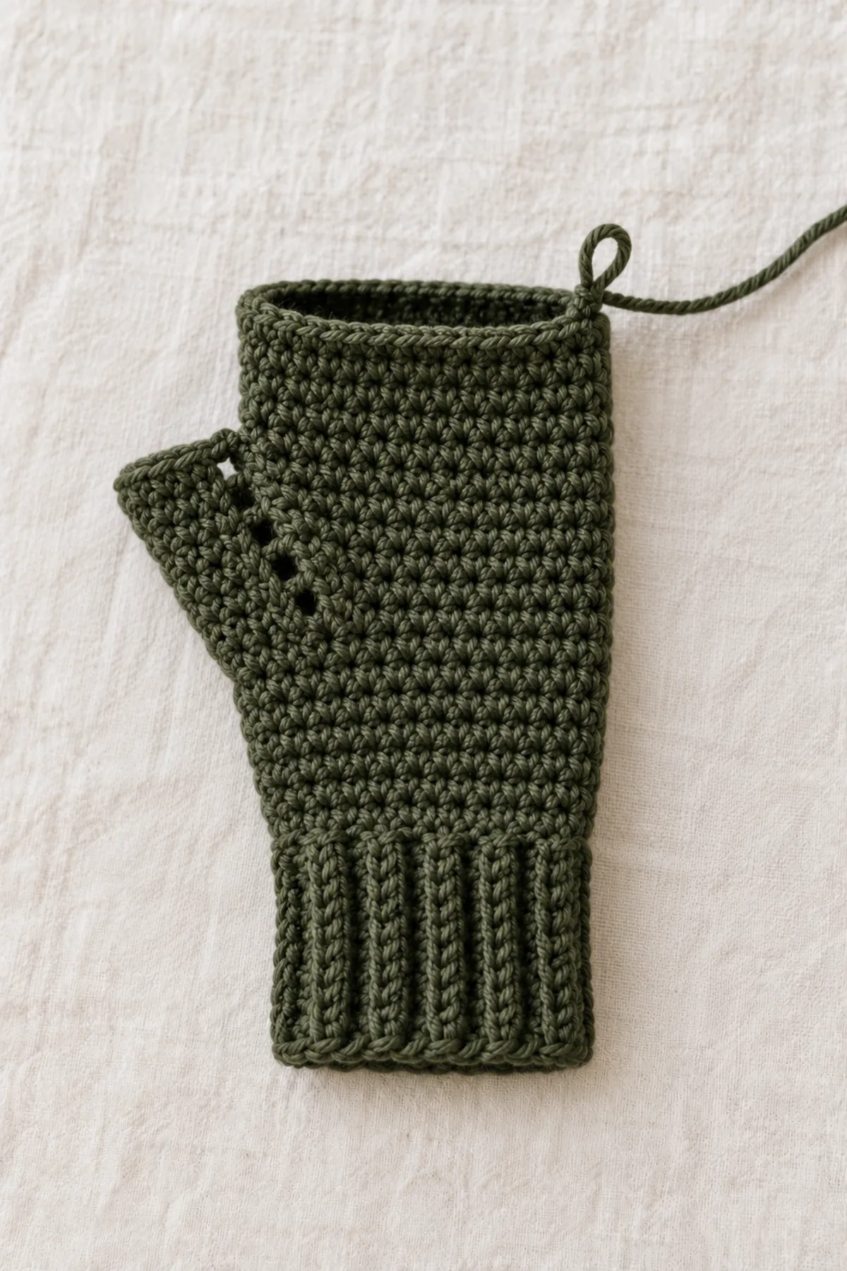 One unfinished olive crochet mitten with completed ribbed cuff and short hdc hand tube, marked expanding thumb gusset, live working loop, no finger cap or closed thumb yet