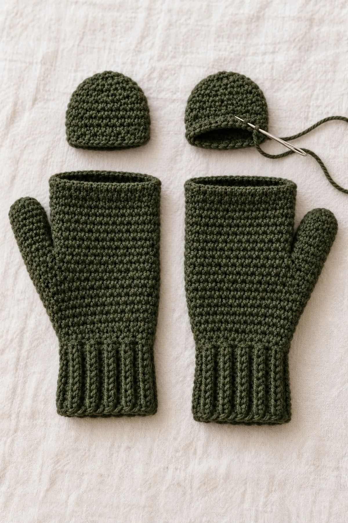 Two completed olive fingerless mitten bases with closed thumbs beside two separate rounded finger caps, yarn needle poised to sew only the back half of one cap rim as a hinge, no buttons
