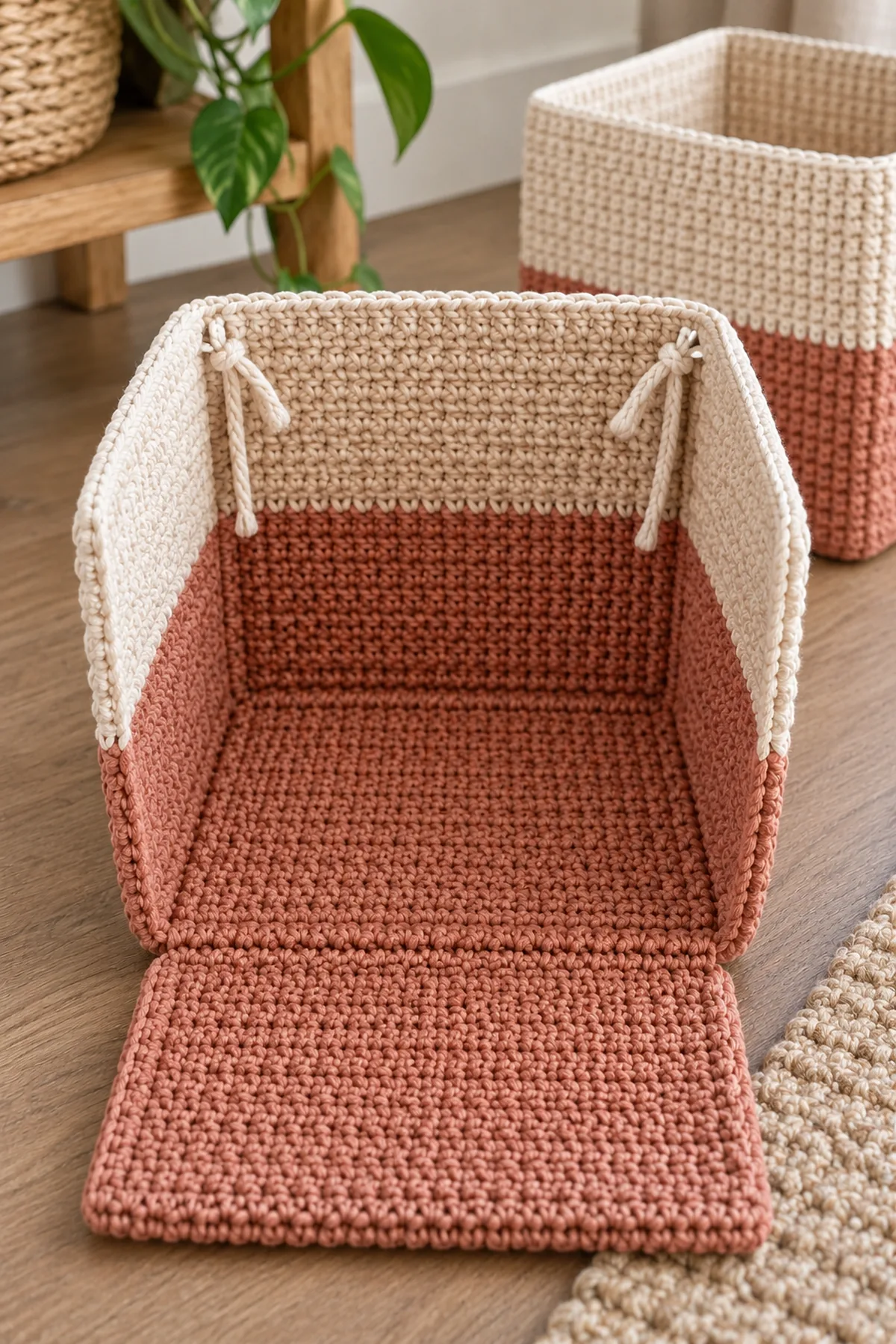 Close view inside soft colorblock crochet cube showing one-edge hinged base and two removable yarn corner ties, no plastic canvas