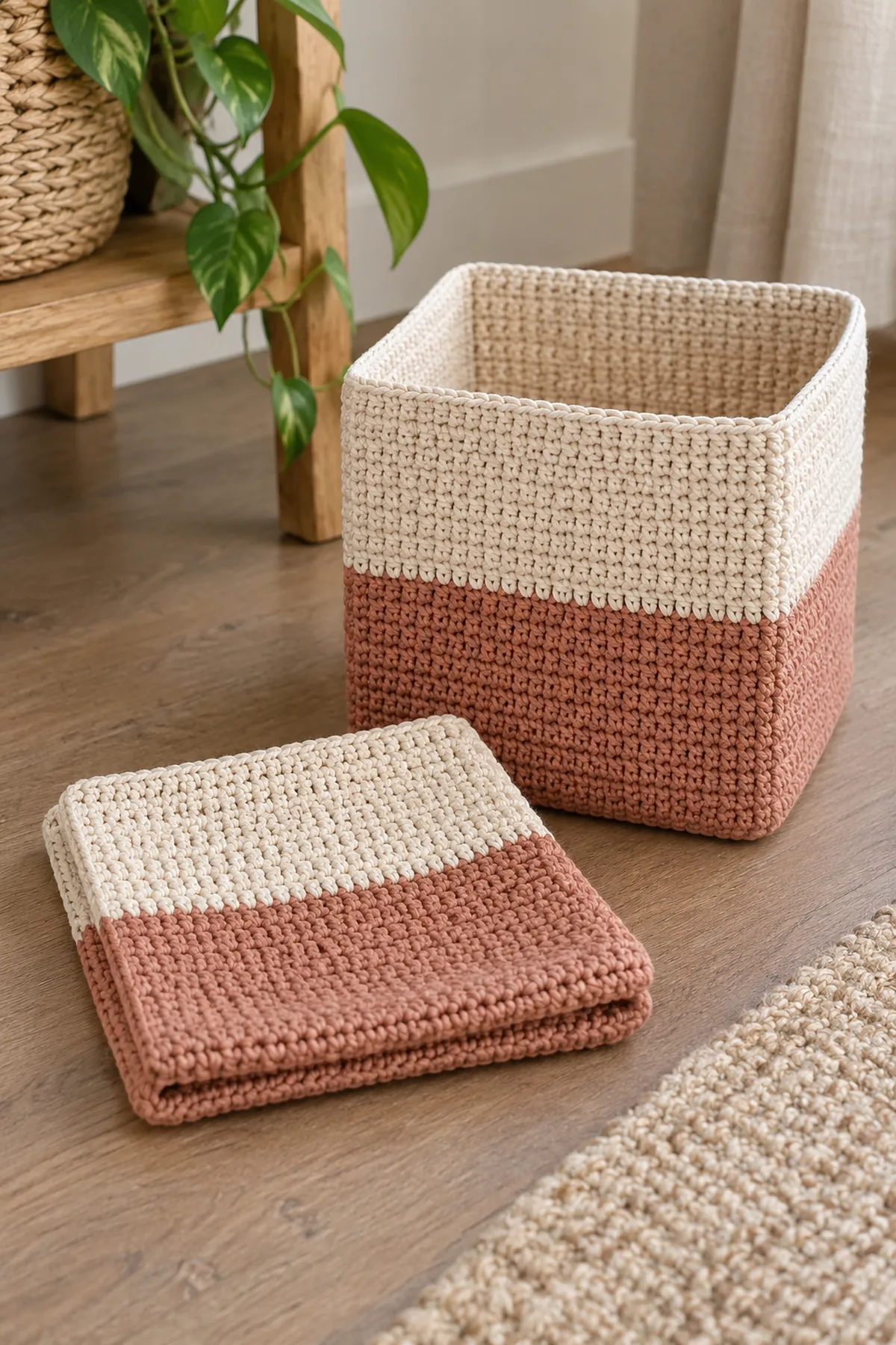 Original pair of soft square fold-flat colorblock crochet storage cubes, small eight-inch and large ten-inch clay and cream bins, one standing and one collapsed flat beside it