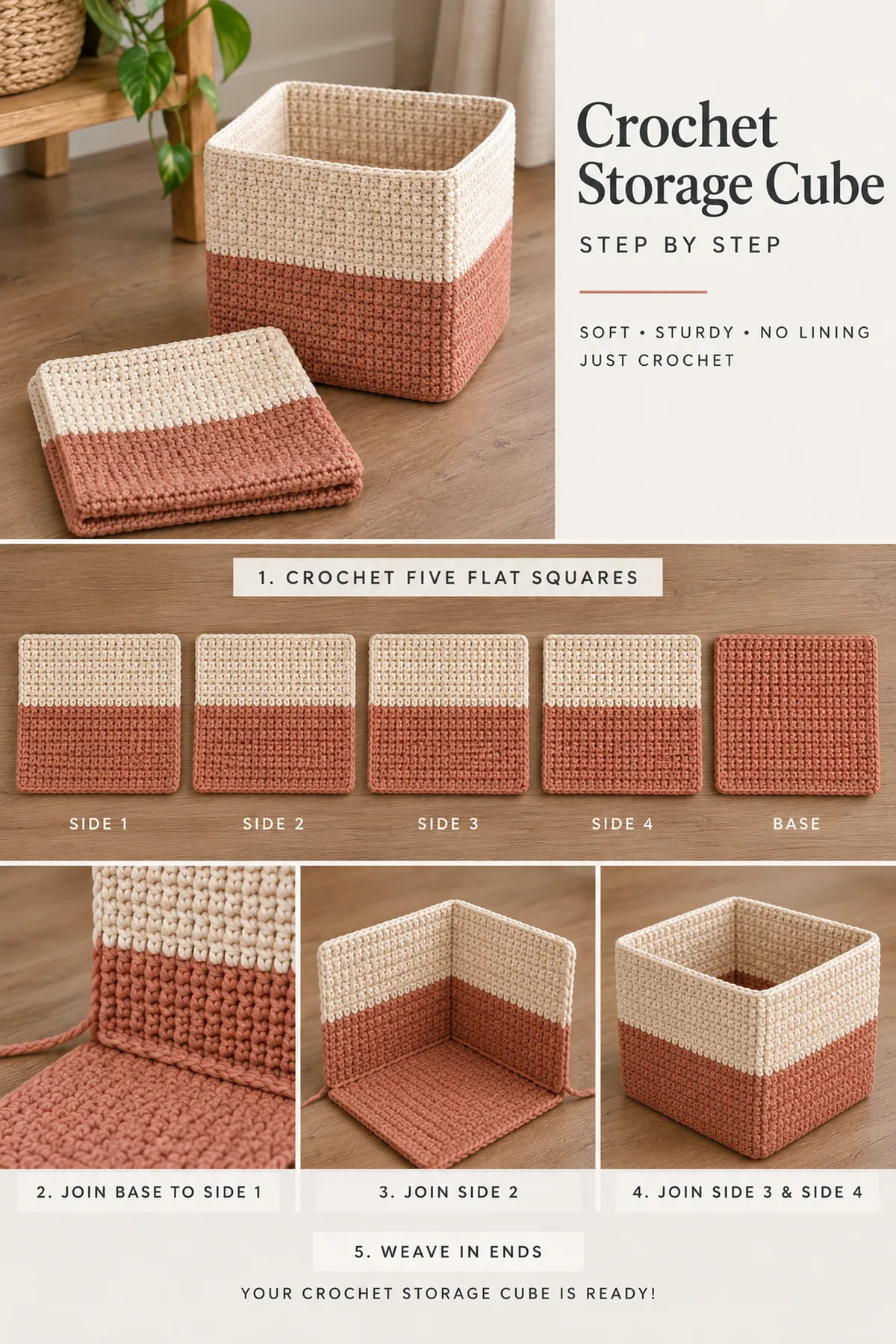 Two completed clay and cream soft crochet organizer cubes, one standing with light folded textiles and one collapsed flat to demonstrate fold-in base