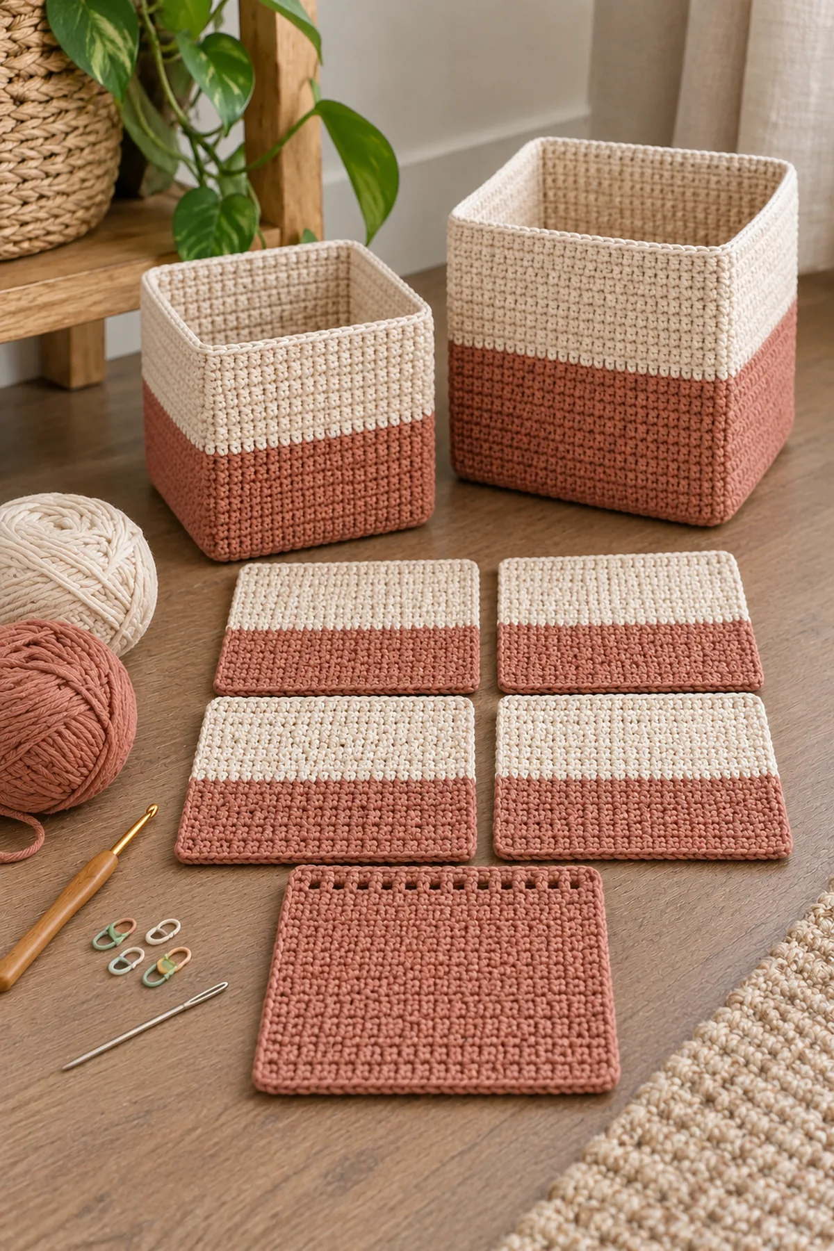 Clay and cream doubled cotton yarn, hook, needle, markers, washed swatch and five flat colorblock crochet panel pieces for fold-flat storage cubes
