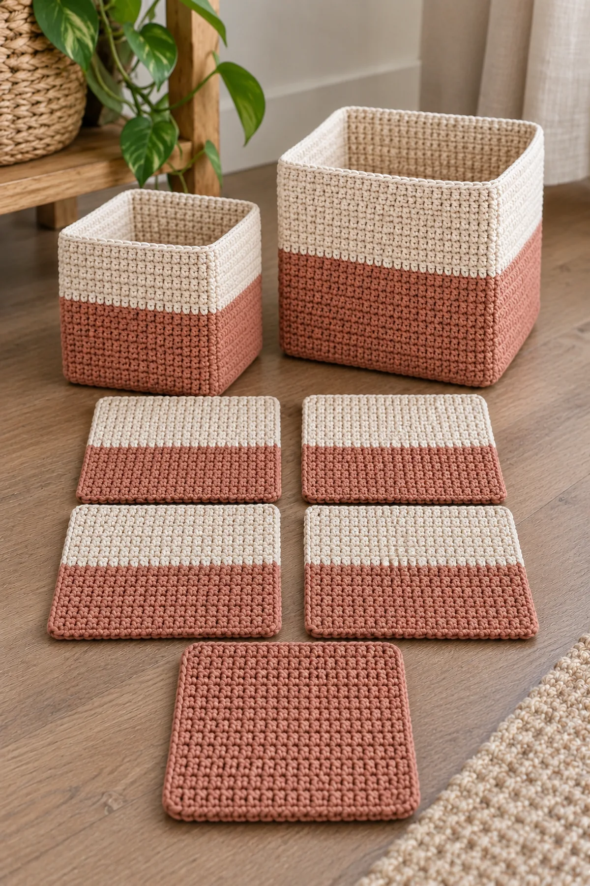 Four flat clay and cream crochet square-wall panels and one matching square base for one soft storage cube before vertical seams