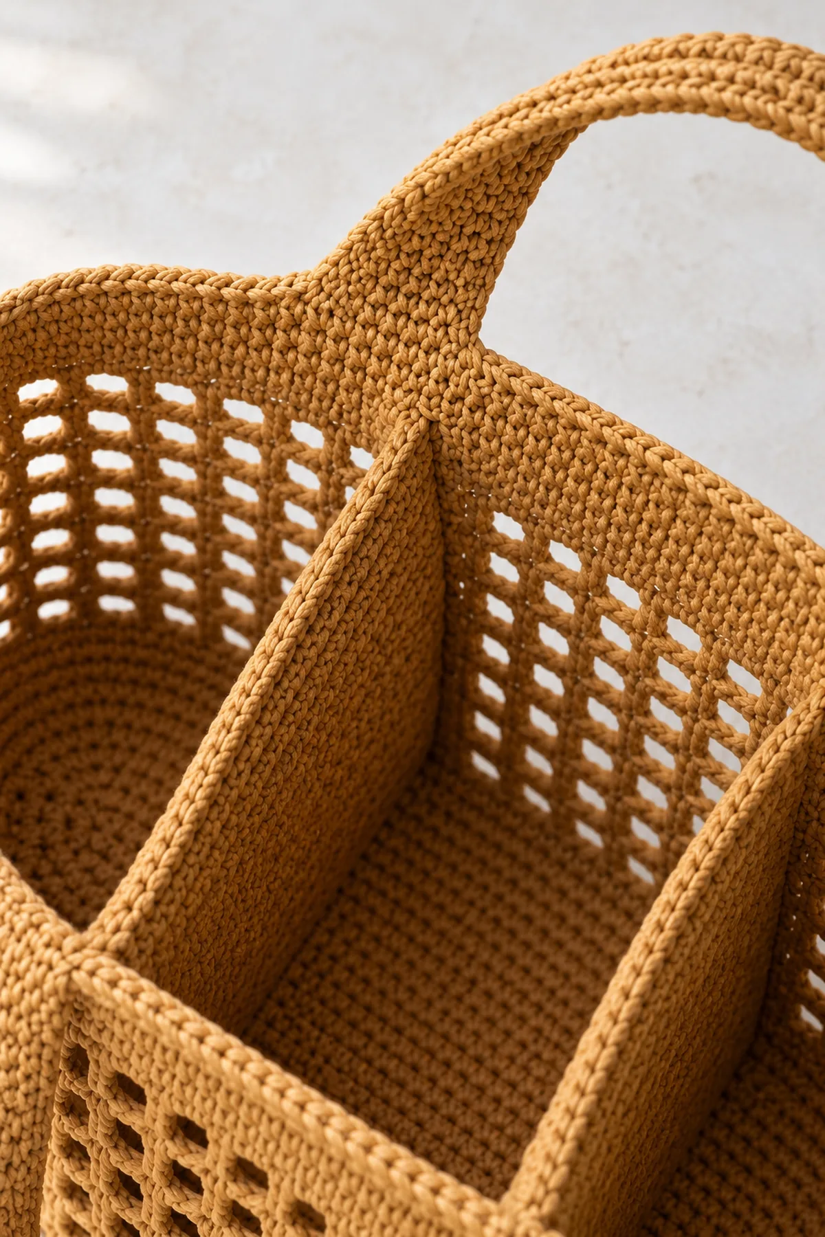 Close macro of warm-ochre cotton market tote showing a broad integrated crochet handle root merging into the solid upper rim, one securely sewn internal divider top corner and mesh wall junctions