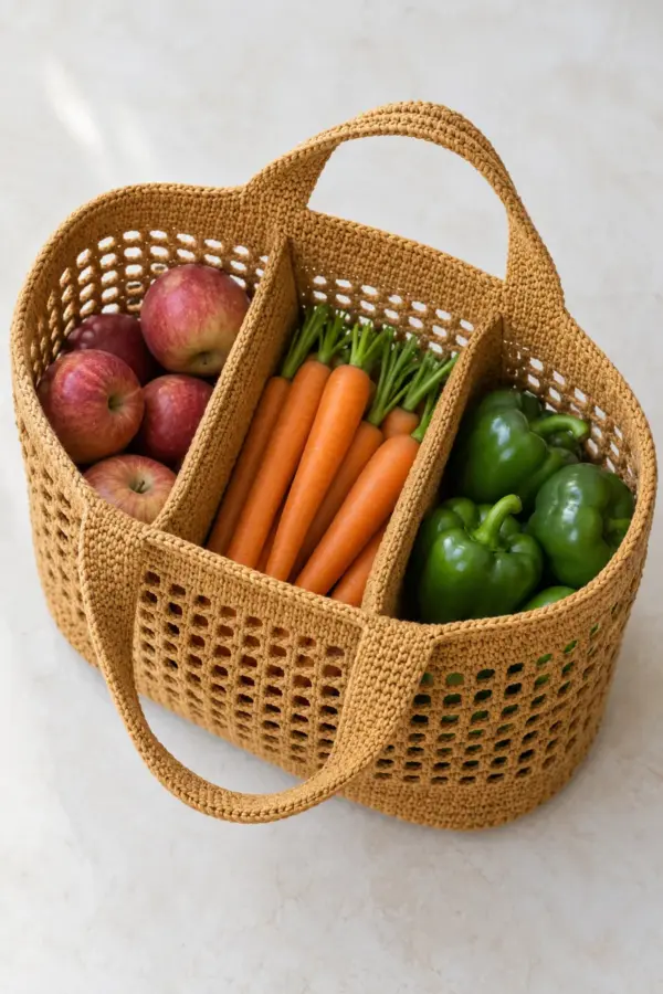 Original warm-ochre cotton crochet market tote with mesh rectangular sides rising from a reinforced solid oval base, two full-height internal crocheted partitions clearly forming exactly three produce compartments, broad integrated shoulder handles; viewed open from above with three different colors of produce in separate chambers
