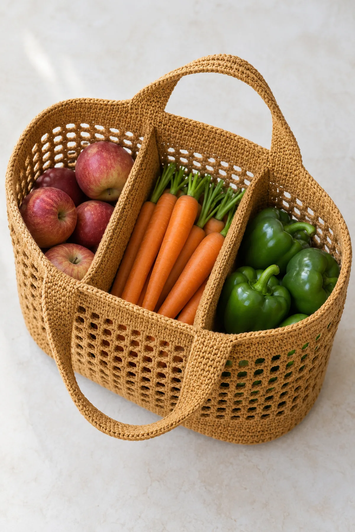 Original warm-ochre cotton crochet market tote with mesh rectangular sides rising from a reinforced solid oval base, two full-height internal crocheted partitions clearly forming exactly three produce compartments, broad integrated shoulder handles; viewed open from above with three different colors of produce in separate chambers