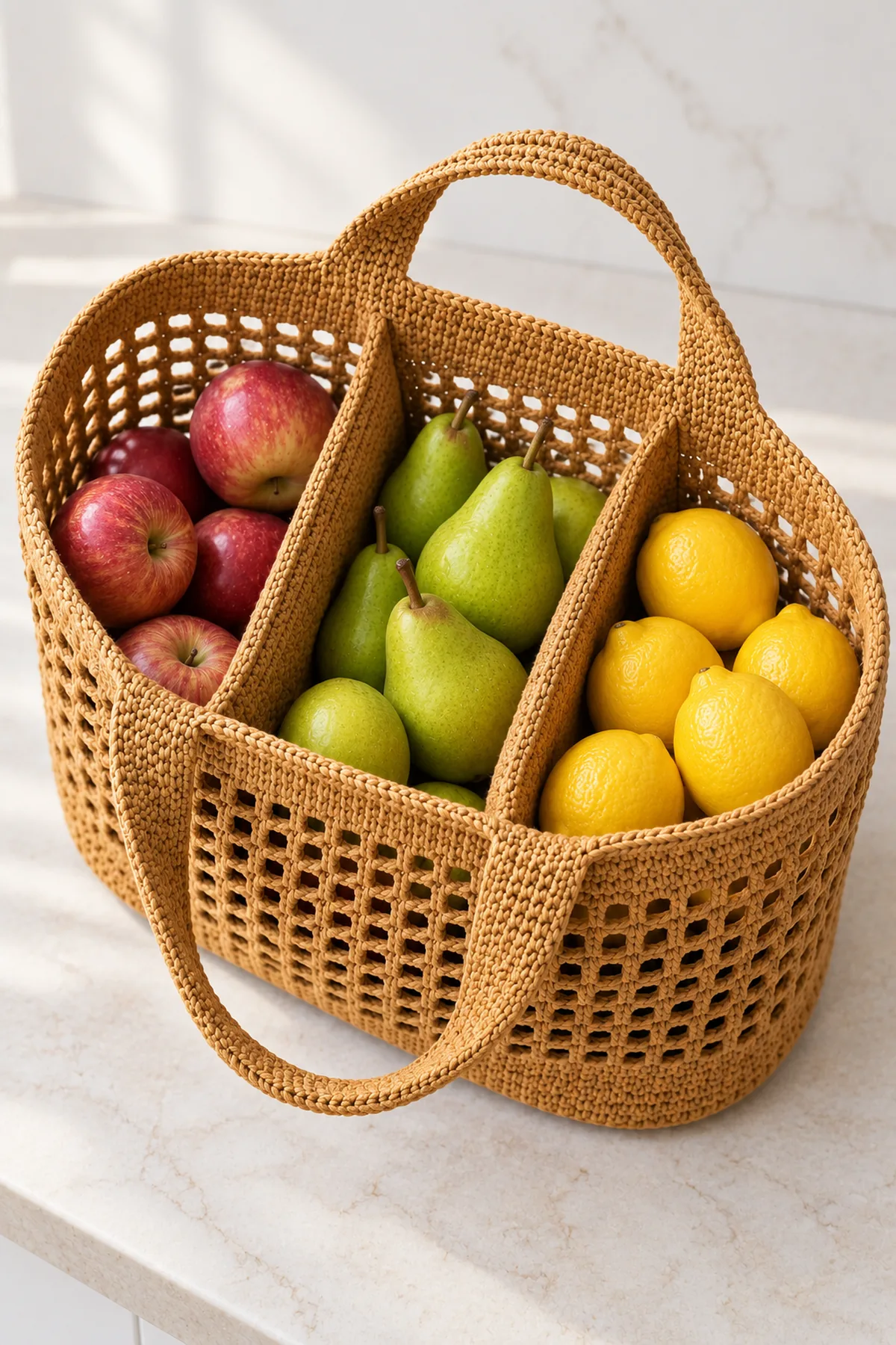 The same warm-ochre three-compartment crochet market tote standing open on a clean kitchen counter with red apples, green pears and yellow lemons separated by its two crochet partitions; broad handles visible and no text