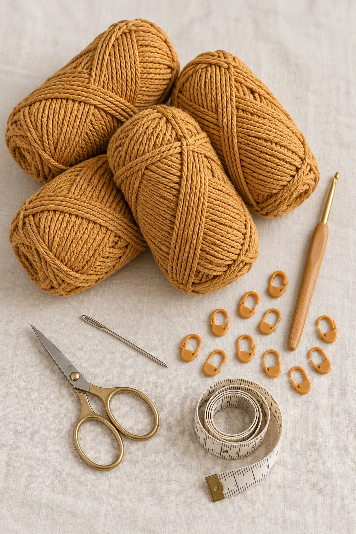 Warm-ochre worsted cotton skeins, 4 mm hook, twelve locking markers, yarn needle, scissors and measuring tape on cream linen; no rigid insert
