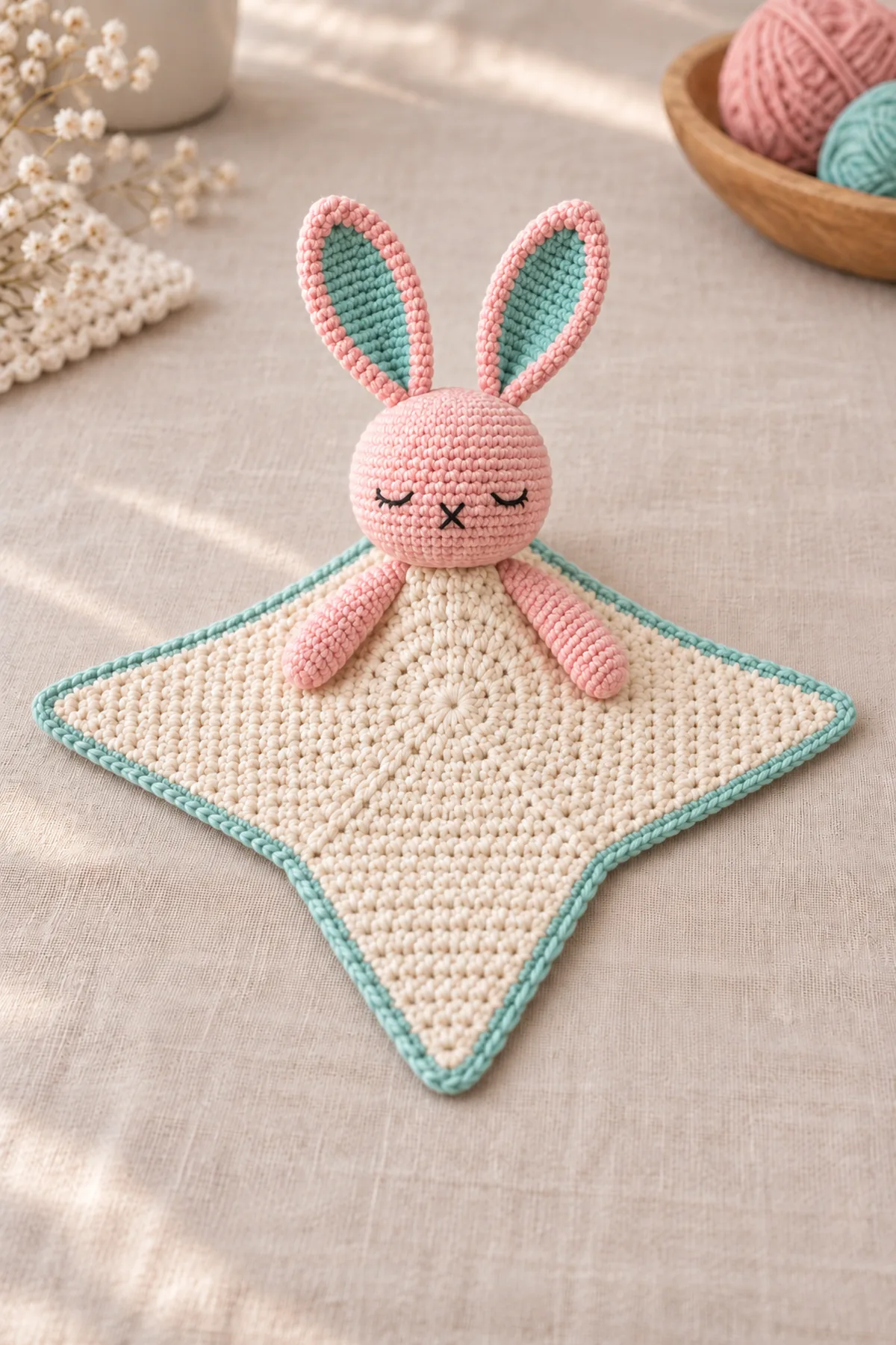 Close-up of same sleepy pink bunny face with embroidered eyelids and X nose, fully sewn mint ear insets and reinforced head-to-cream-star center seam.
