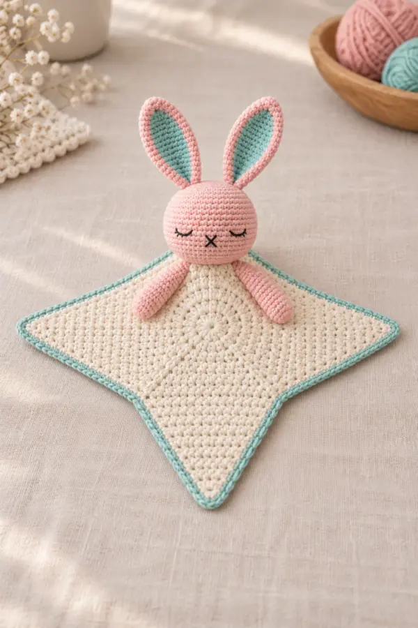 Finished blush-pink sleepy bunny head with upright mint-lined ears and short arms attached to cream four-point star lovey cloth edged in mint; isolated on light linen, no text.