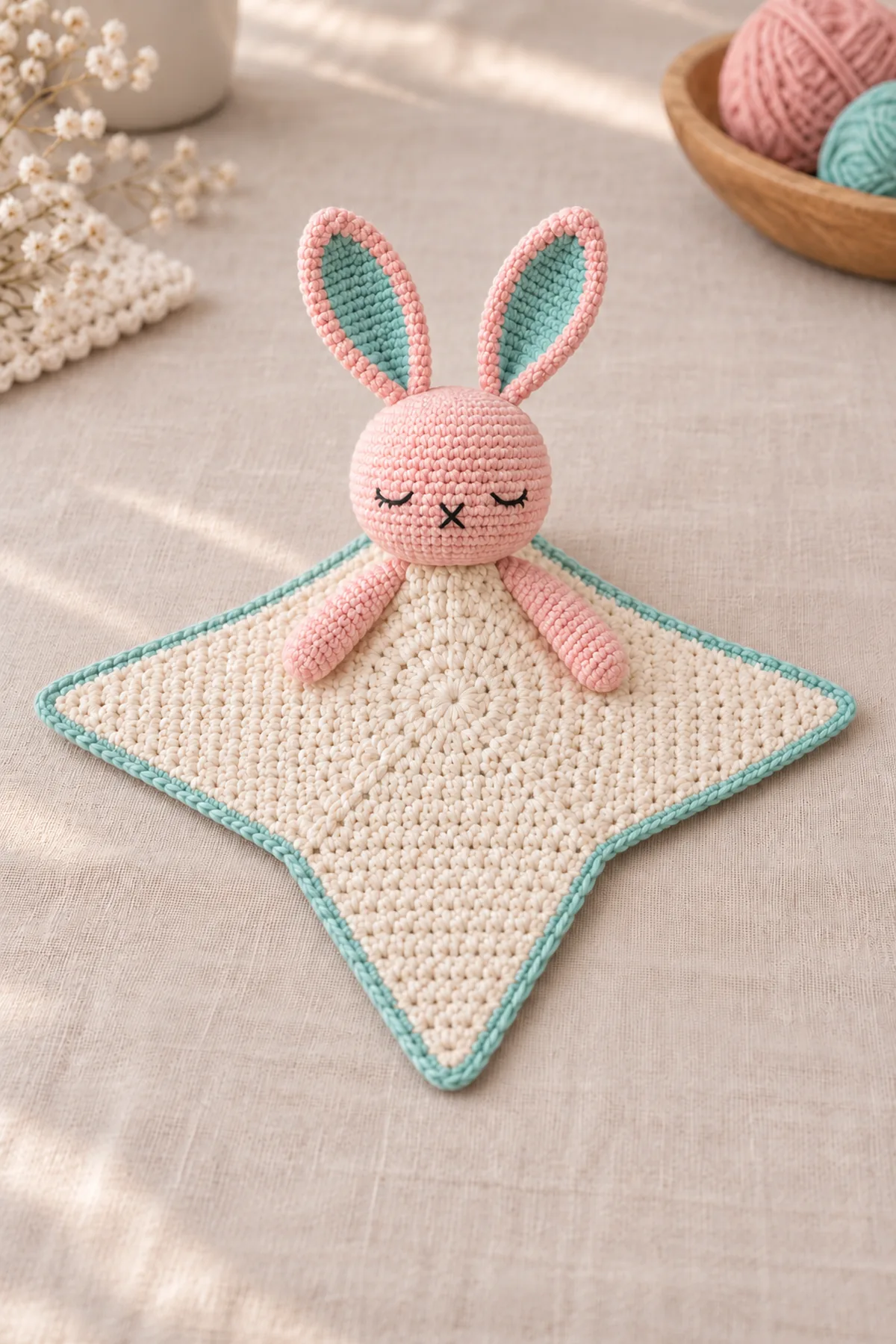 Same finished pink bunny and cream four-point star lovey lying on a clean craft table with muted mint accents, no child, no crib, no text.