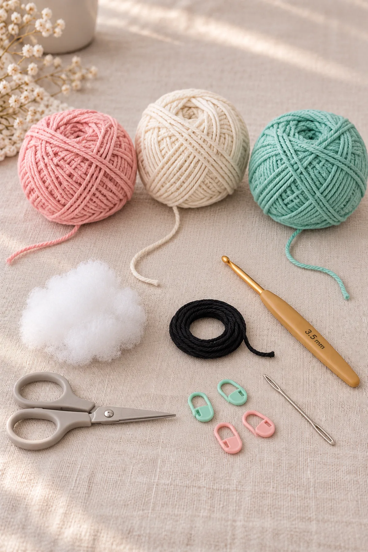 Supplies-only flat lay of blush pink, cream and mint DK cotton, hook, washable stuffing, black embroidery yarn and needle; no completed lovey.