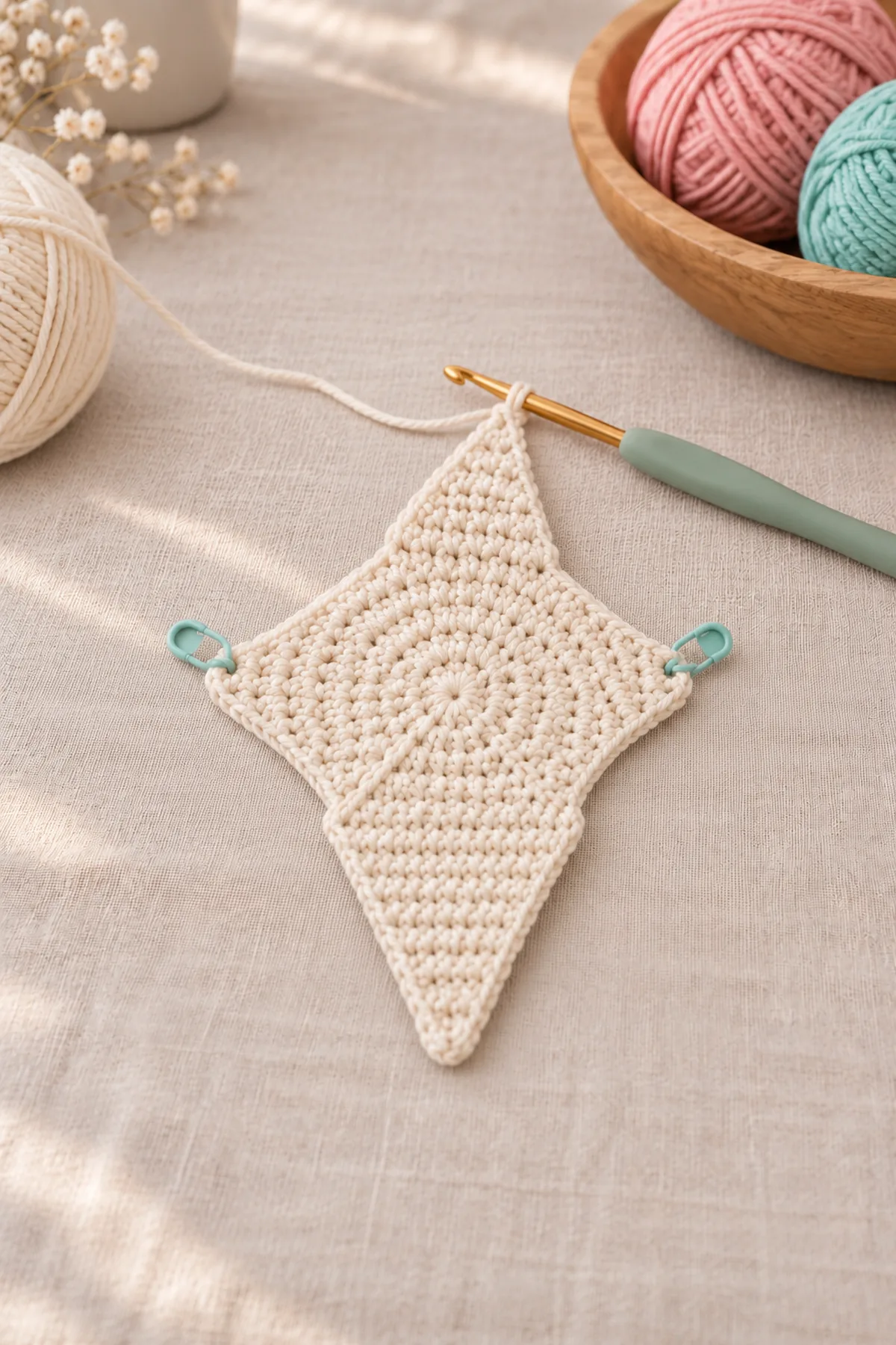 Cream crochet lovey center with four distinct six-stitch foundation segments and first tapered point in progress; loose blush and mint yarn balls nearby, no bunny head.