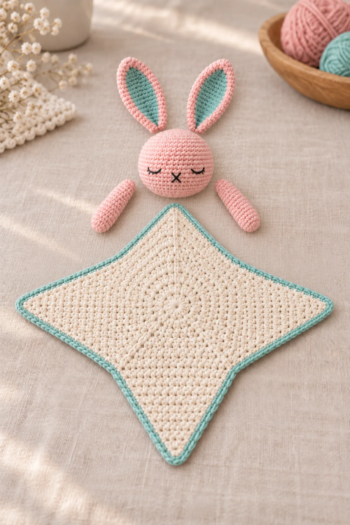 Fully worked unstuffed cream four-point star cloth with mint surface edging, separate pink embroidered bunny head, two pink ears with mint inner panels and two small arms laid beside it before joining.