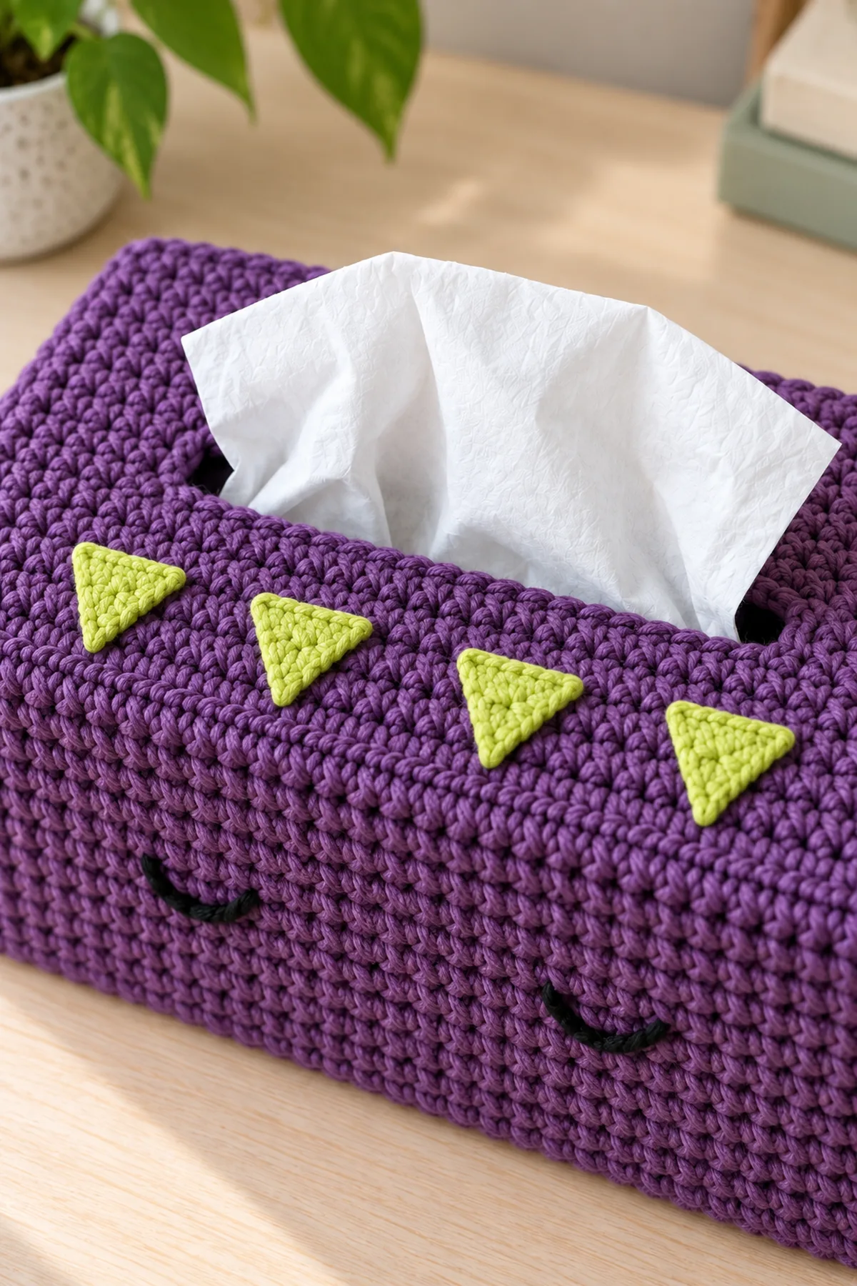 Close oblique overhead view of central tissue slit in plum crochet cover, four tiny lime flat triangle teeth sewn beside front lip pointing onto solid purple fabric away from opening, white tissue passes freely, visible stitch joins and no plastic parts