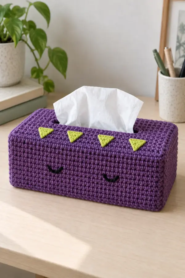 Original rectangular plum single-crochet tissue box cover about 9.6 by 4.7 by 3.8 inches, long horizontal dispensing slit centered on top, white tissue coming through. Four small lime flat triangular teeth along FRONT lip point away from slit across solid purple top fabric; two small black embroidered sleepy curved eyes on long front side. Straight box corners, open bottom hidden below, no plastic eyes, no stuffing, pale desk
