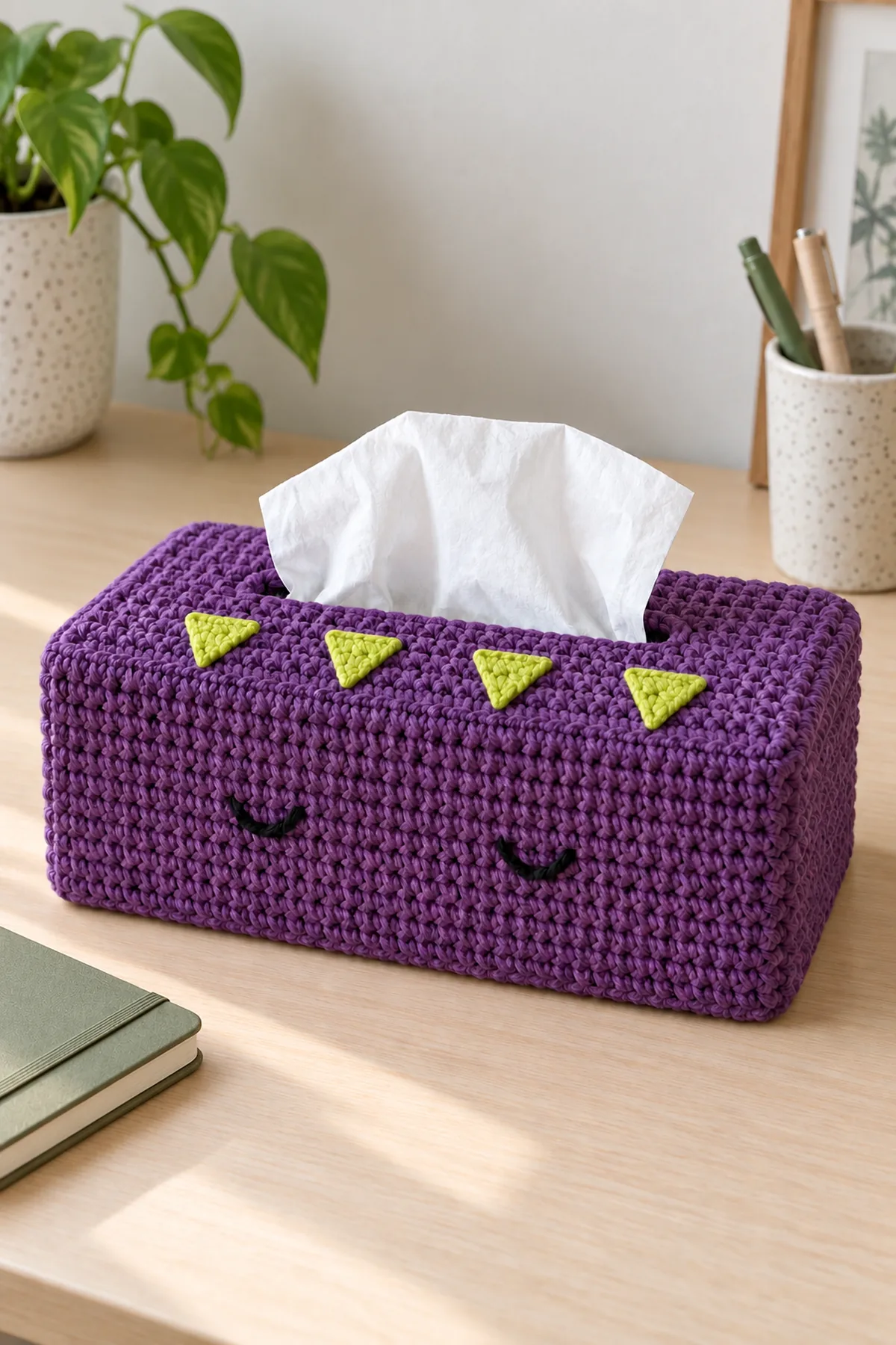Same rectangular plum crochet monster tissue cover with four small lime teeth and two black embroidered sleepy eyes on a tidy pale wood desk, one white tissue rising from top slit, small closed notebook nearby, no people, no candles