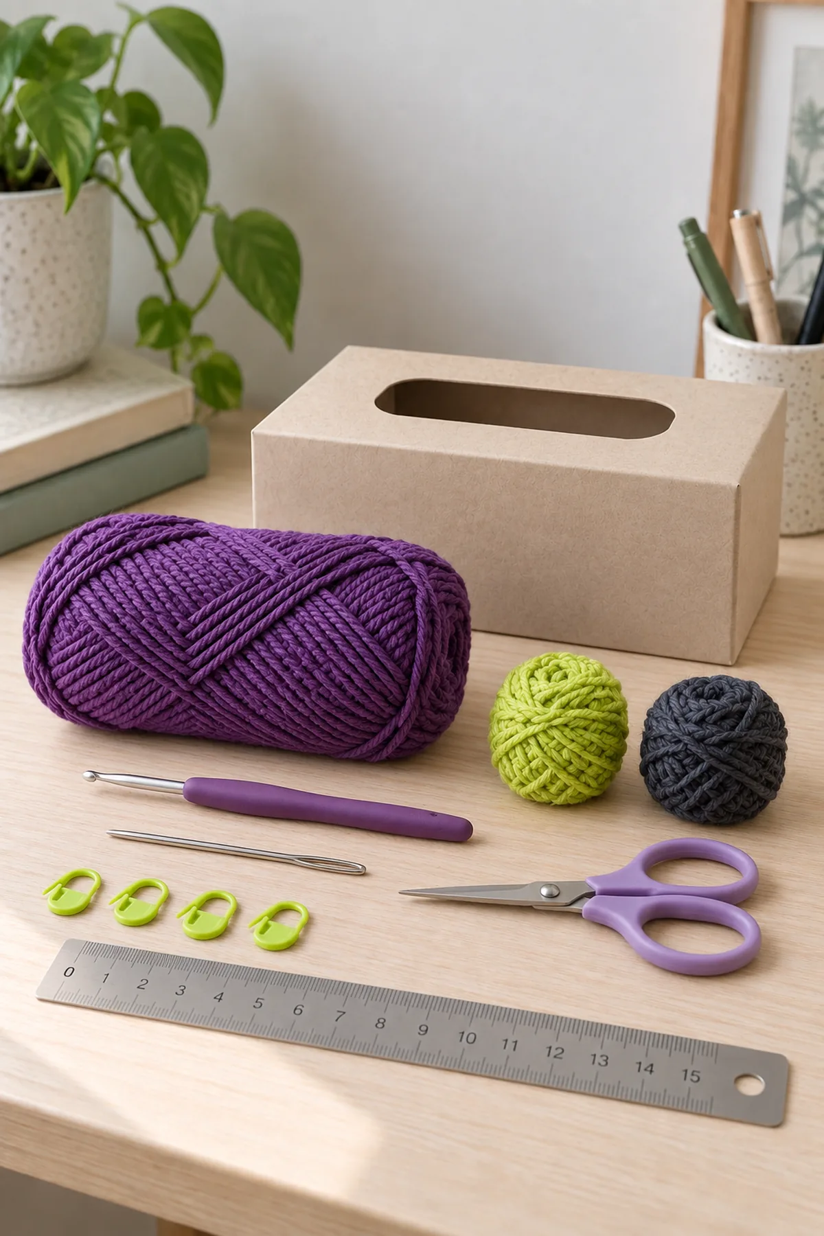 Plum DK cotton and small lime and charcoal yarn bundles, 3.5 mm hook, yarn needle, scissors, ruler, markers and one plain rectangular cardboard tissue box with no branding; supplies only no crochet cover