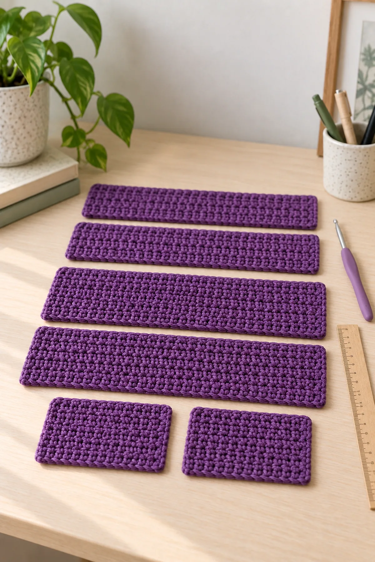 Six separate flat plum single-crochet rectangles arranged on pale table: two long narrow equal half-top panels, two long side panels and two short side panels. Hook and ruler beside them. No box shape, no teeth, no face yet