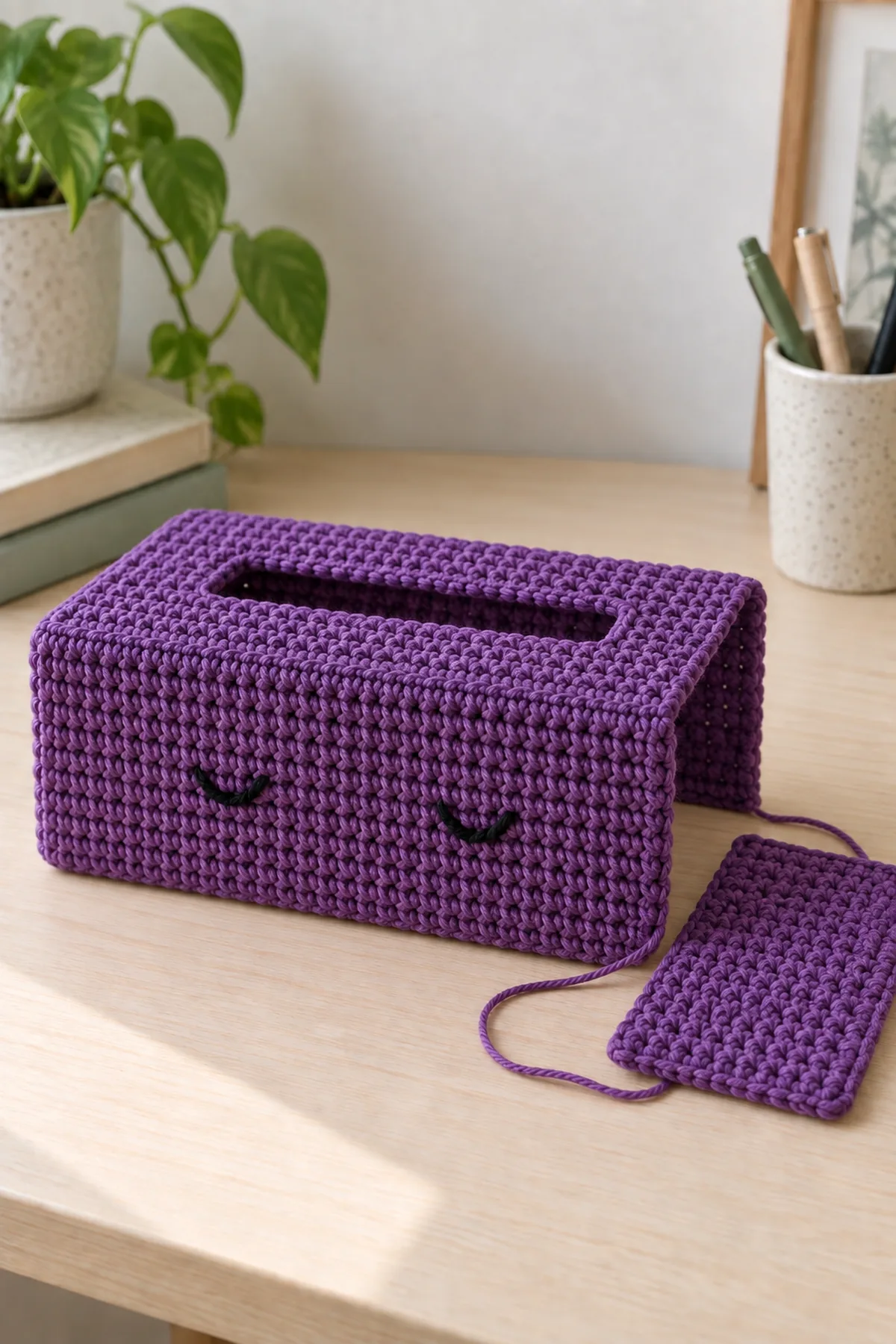 Plum two-panel crochet top with central long slit, both long side panels sewn on and one short side still lying beside it ready to seam, black sleepy eye embroidery already on front long wall. Partially assembled open-bottom box cover, no green teeth yet, no tissue