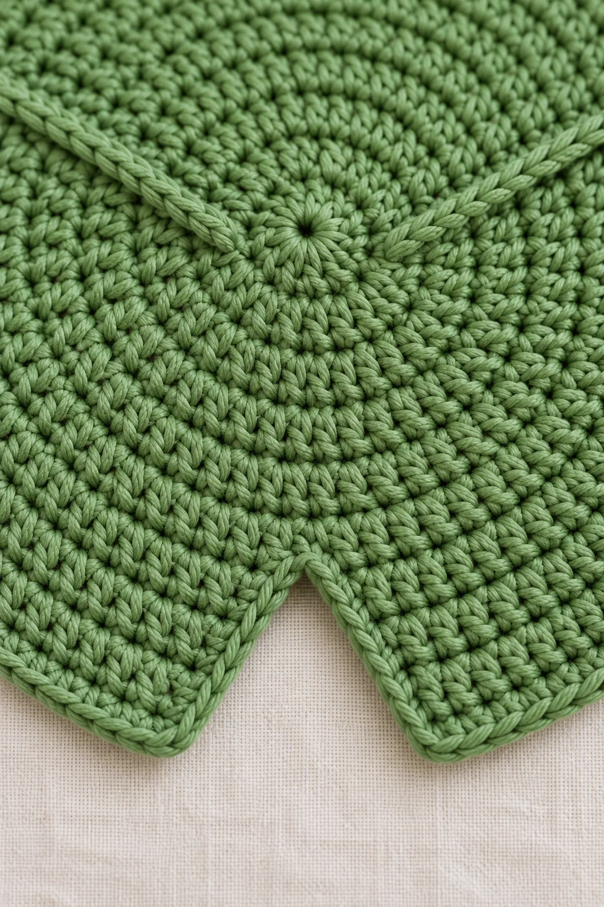 Close macro of one shallow open V notch and two relaxed green surface-slip-stitch leaf ribs on a flat pad, showing stitch texture and no cut or bridged fabric.